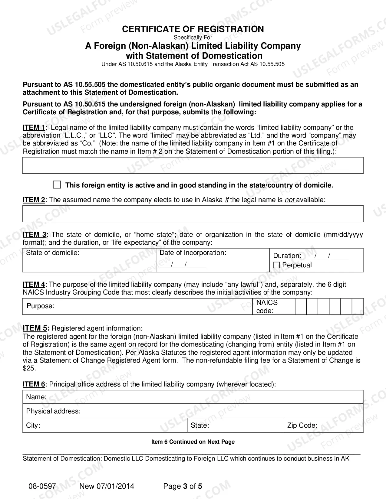 Preview Statement of Domestication - Domestic LLC Domesticating to Foreign LLC