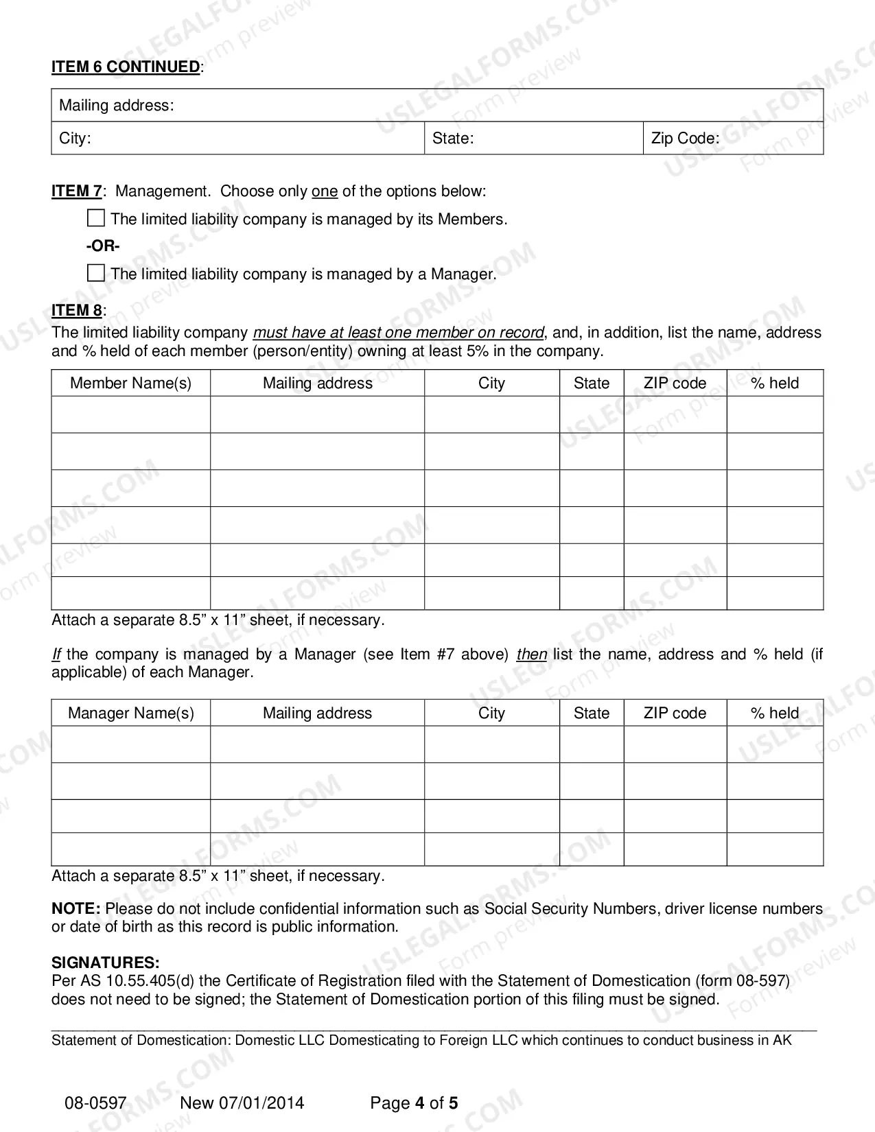 Preview Statement of Domestication - Domestic LLC Domesticating to Foreign LLC