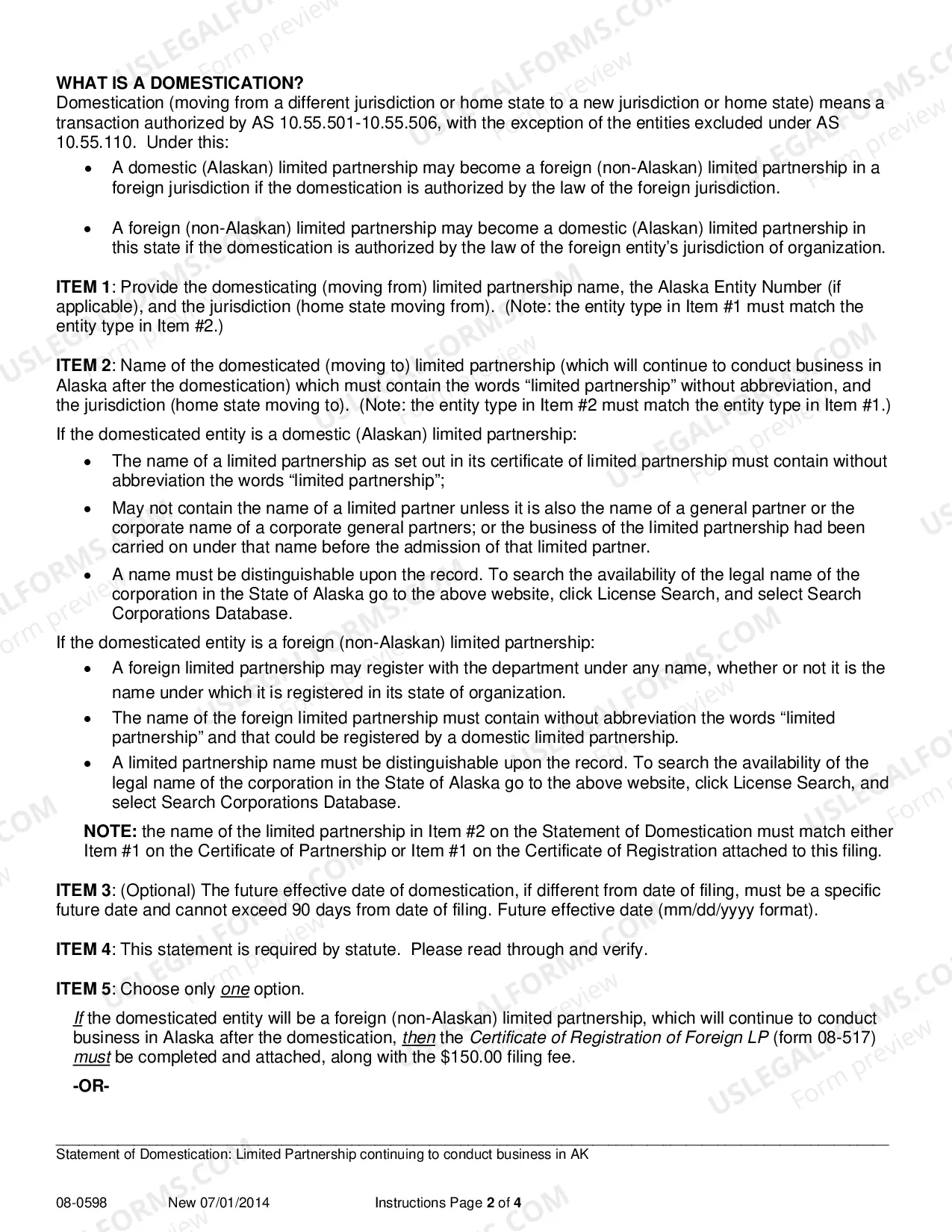 Preview Statement of Domestication for Limited Partnership which Continues to Conduct Business in Alaska