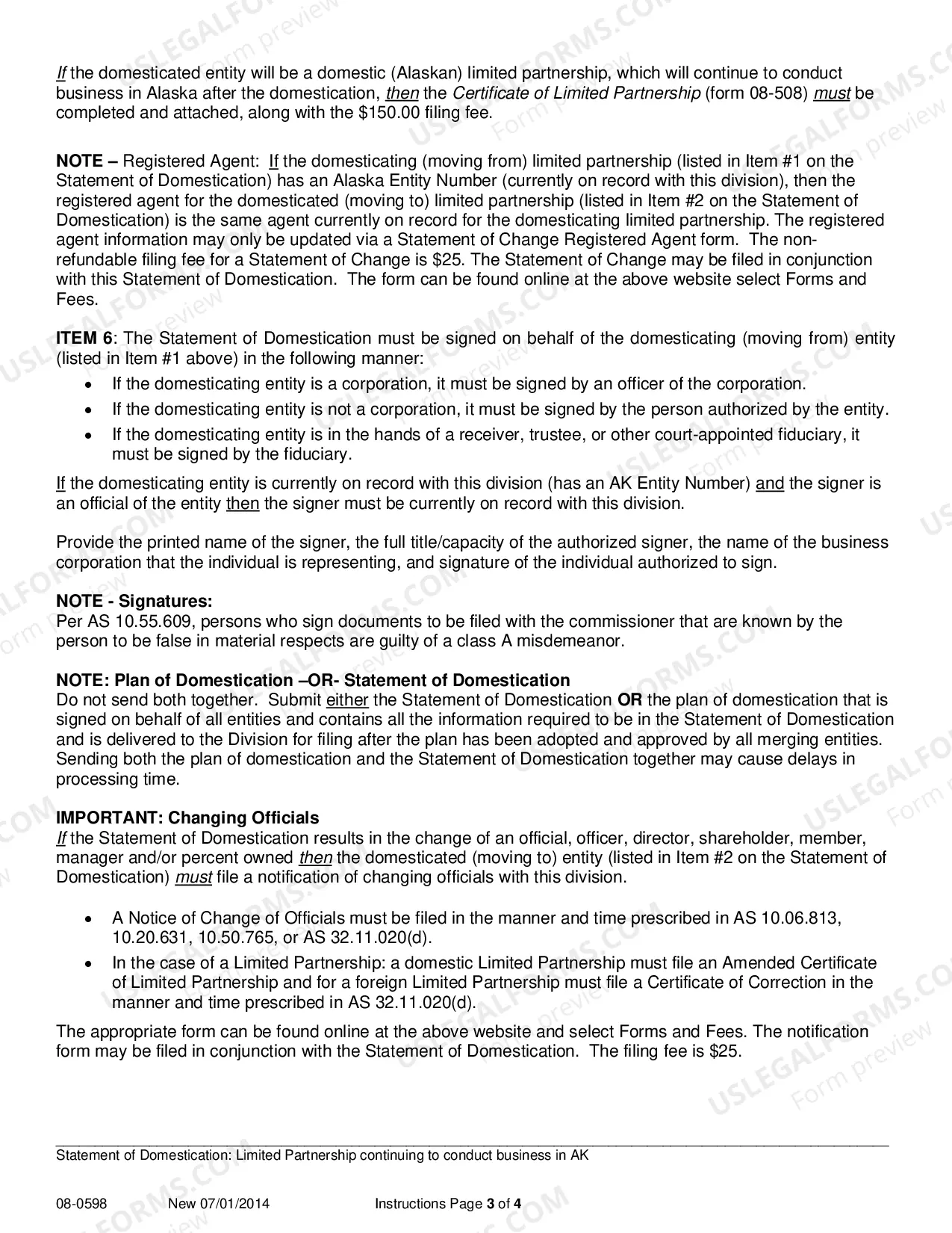 Preview Statement of Domestication for Limited Partnership which Continues to Conduct Business in Alaska