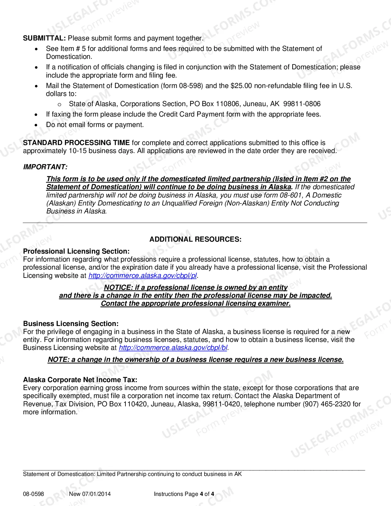 Preview Statement of Domestication for Limited Partnership which Continues to Conduct Business in Alaska