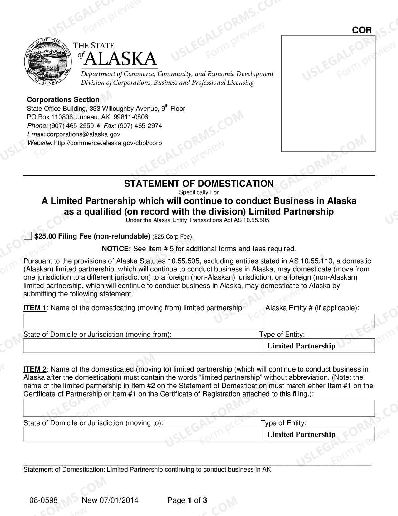 Preview Statement of Domestication for Limited Partnership which Continues to Conduct Business in Alaska