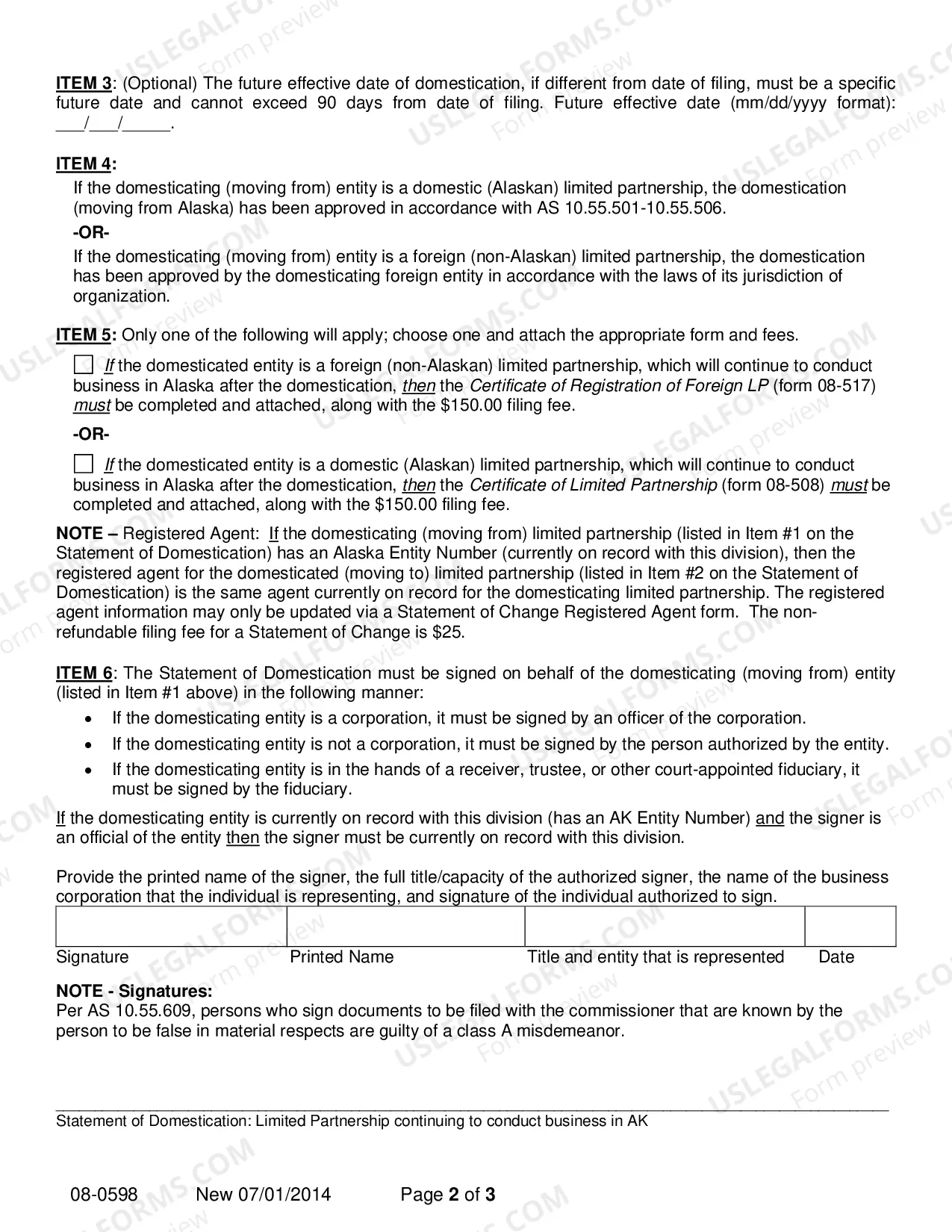 Preview Statement of Domestication for Limited Partnership which Continues to Conduct Business in Alaska