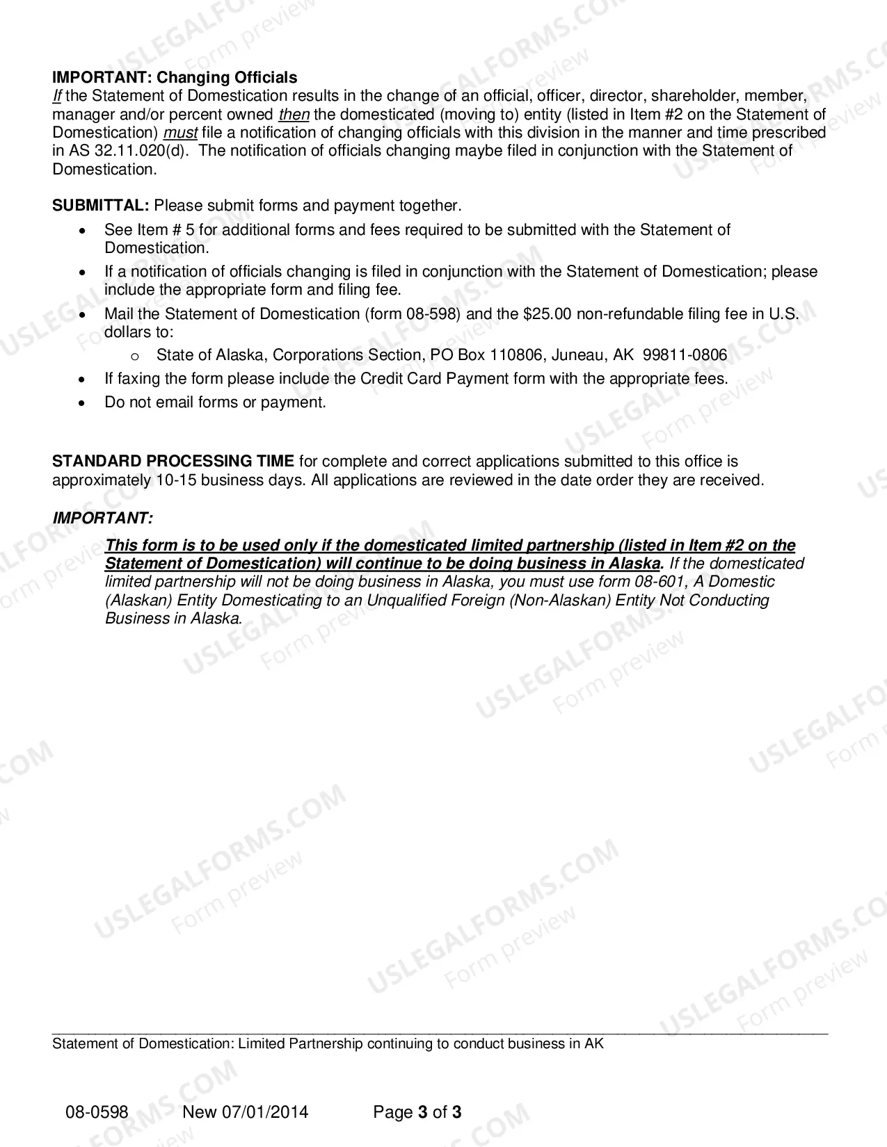 Preview Statement of Domestication for Limited Partnership which Continues to Conduct Business in Alaska