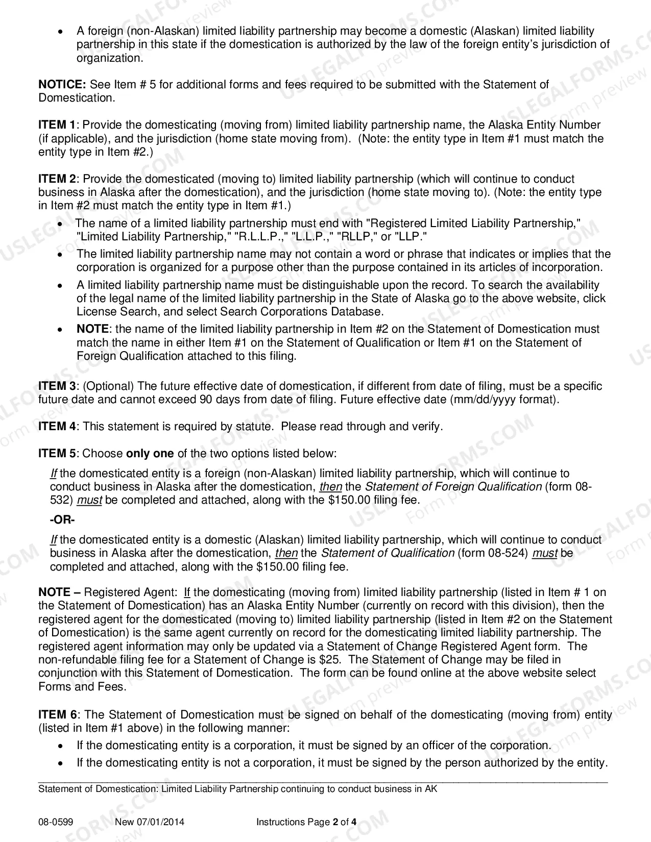 Preview Statement of Domestication for a LLP which Continues to Conduct Business in Alaska