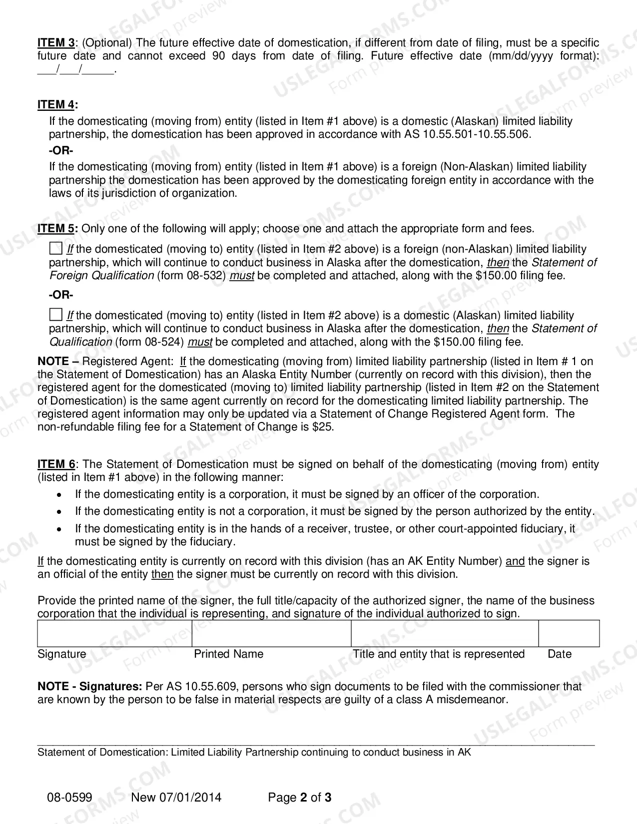 Preview Statement of Domestication for a LLP which Continues to Conduct Business in Alaska
