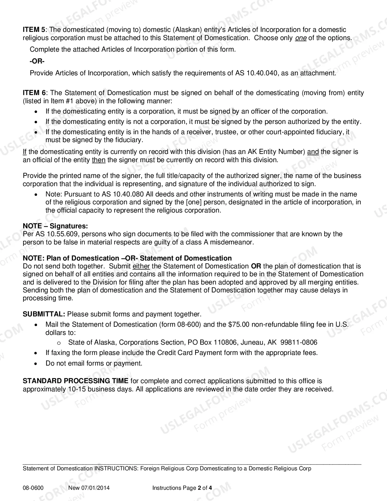 Preview Statement of Domestication for Foreign Religious Corporation Domesticating to a Domestic Religious Corporation