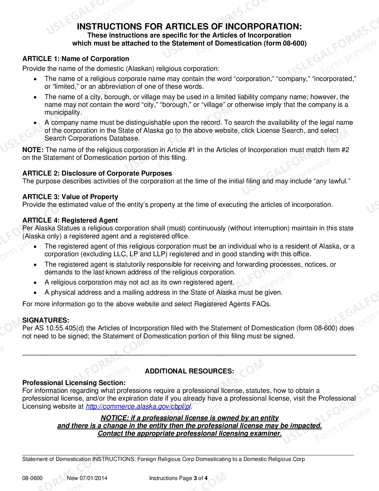 Preview Statement of Domestication for Foreign Religious Corporation Domesticating to a Domestic Religious Corporation