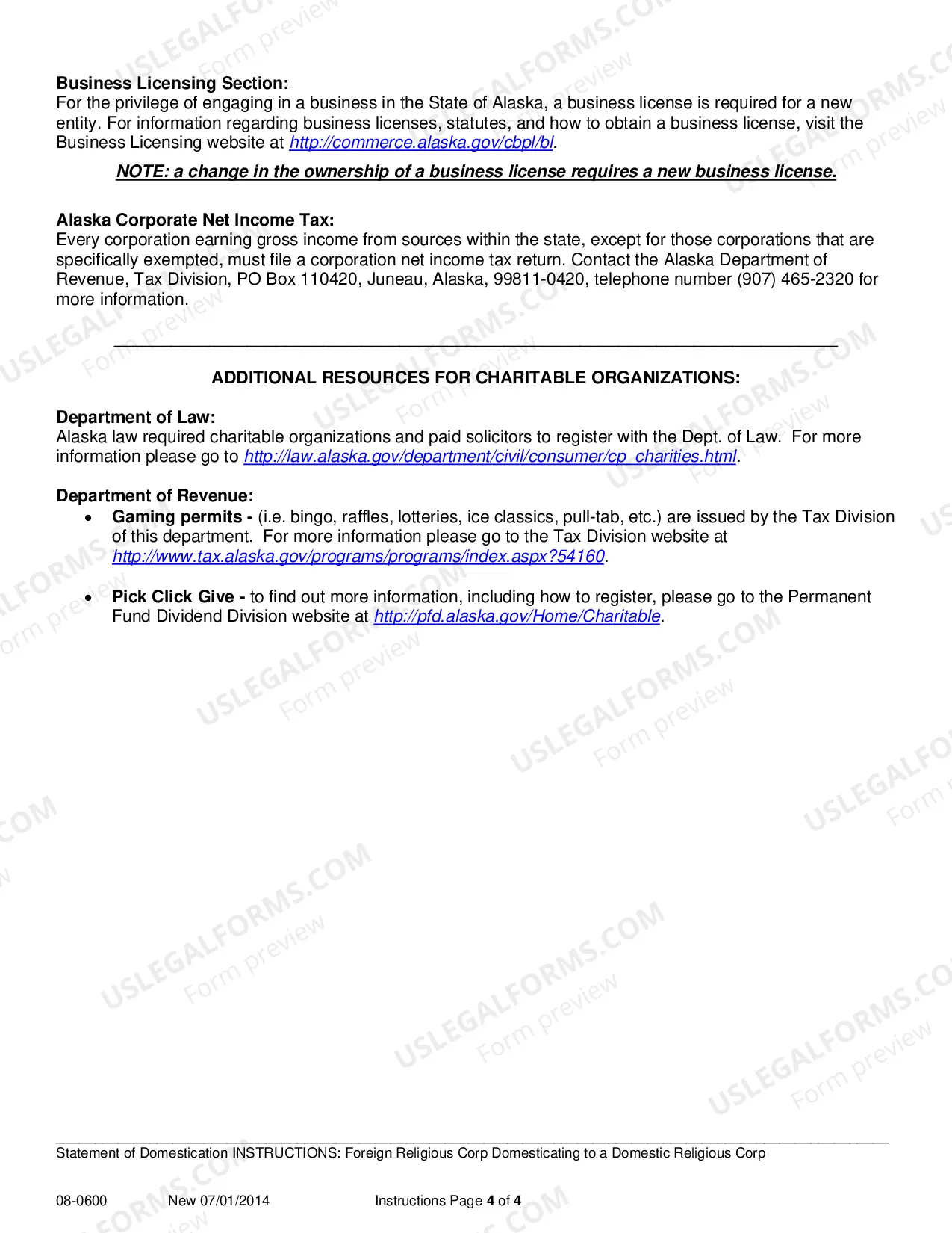 Preview Statement of Domestication for Foreign Religious Corporation Domesticating to a Domestic Religious Corporation