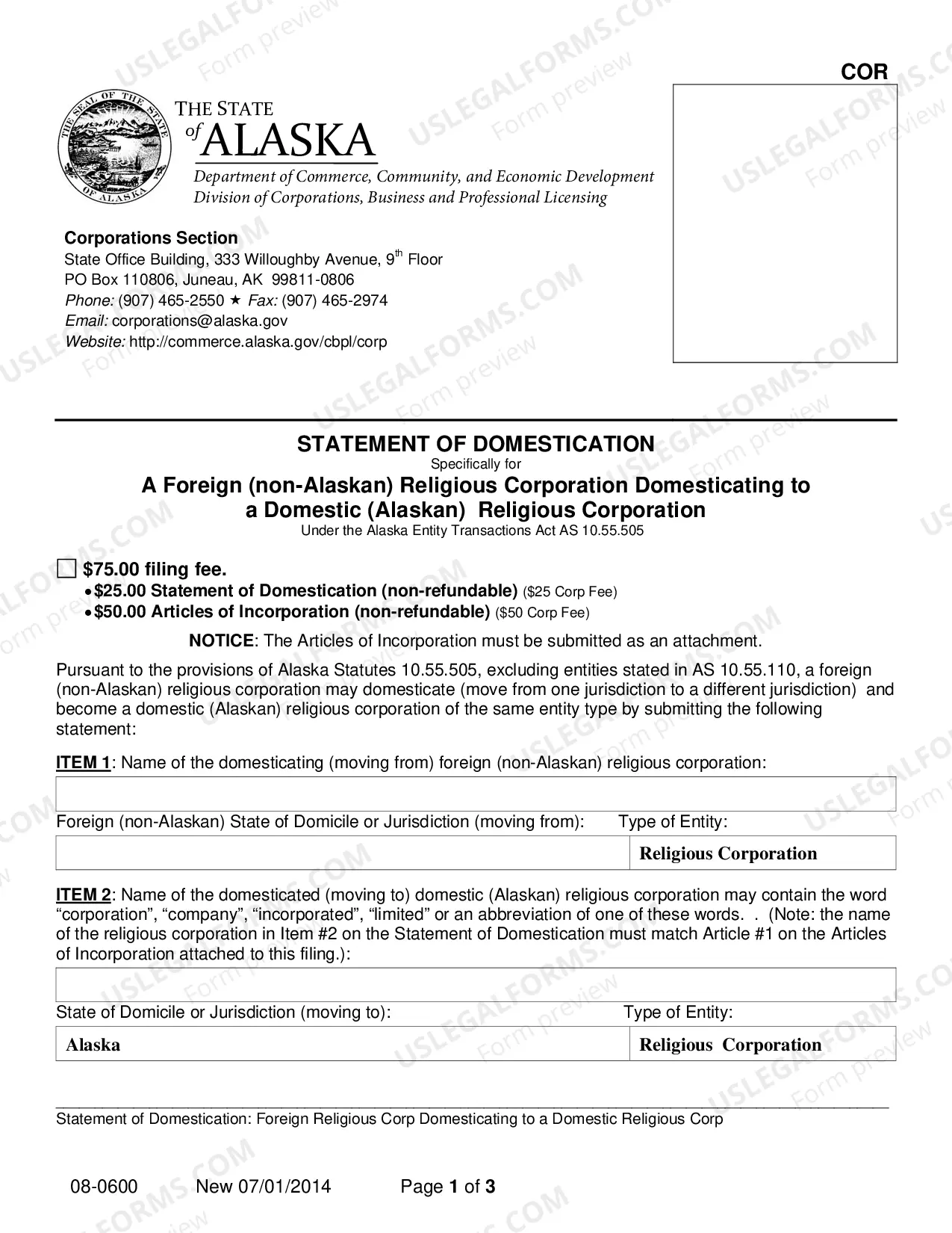 Preview Statement of Domestication for Foreign Religious Corporation Domesticating to a Domestic Religious Corporation