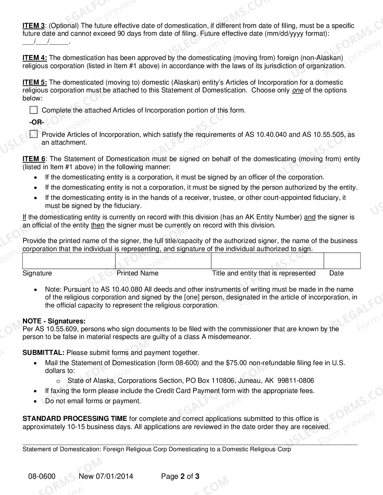 Preview Statement of Domestication for Foreign Religious Corporation Domesticating to a Domestic Religious Corporation