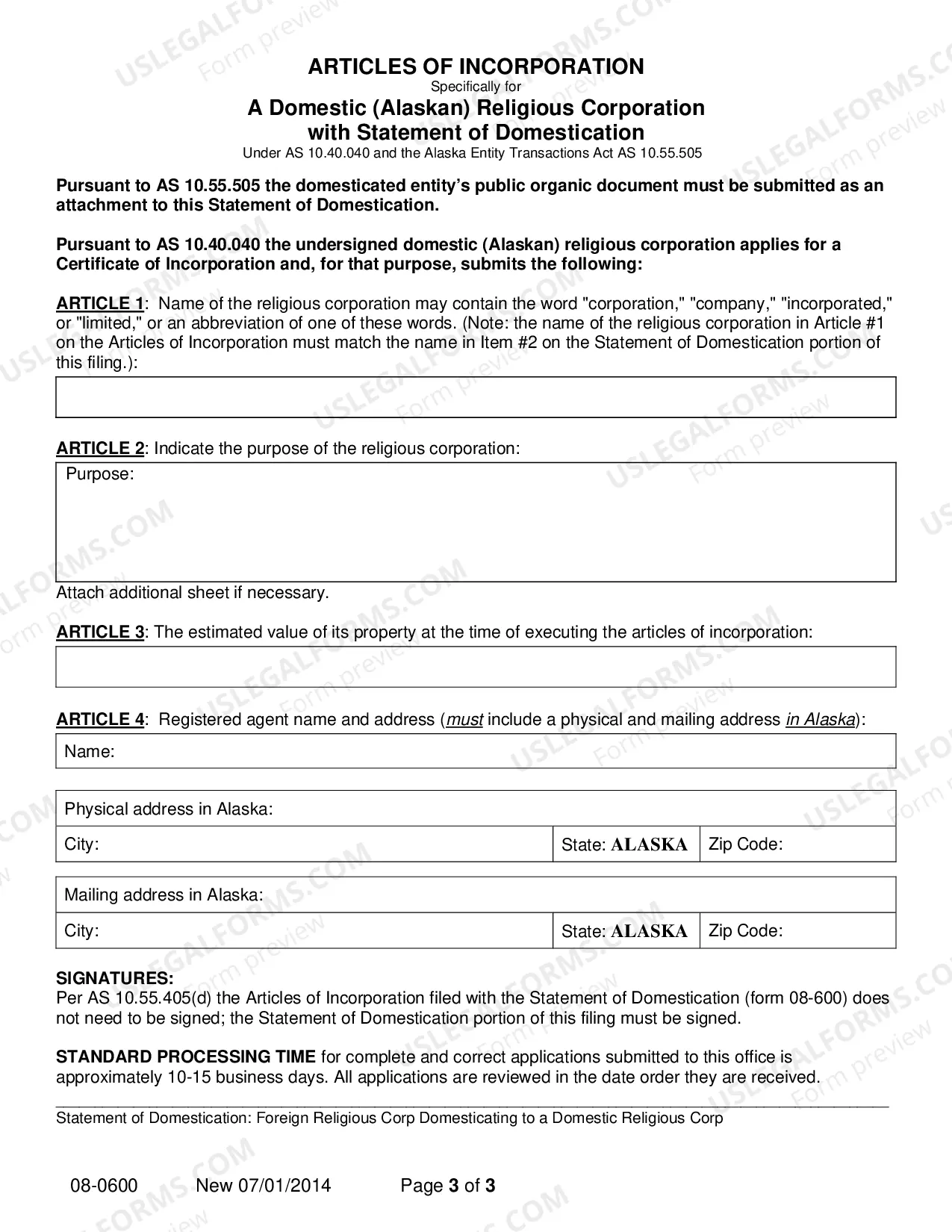 Preview Statement of Domestication for Foreign Religious Corporation Domesticating to a Domestic Religious Corporation