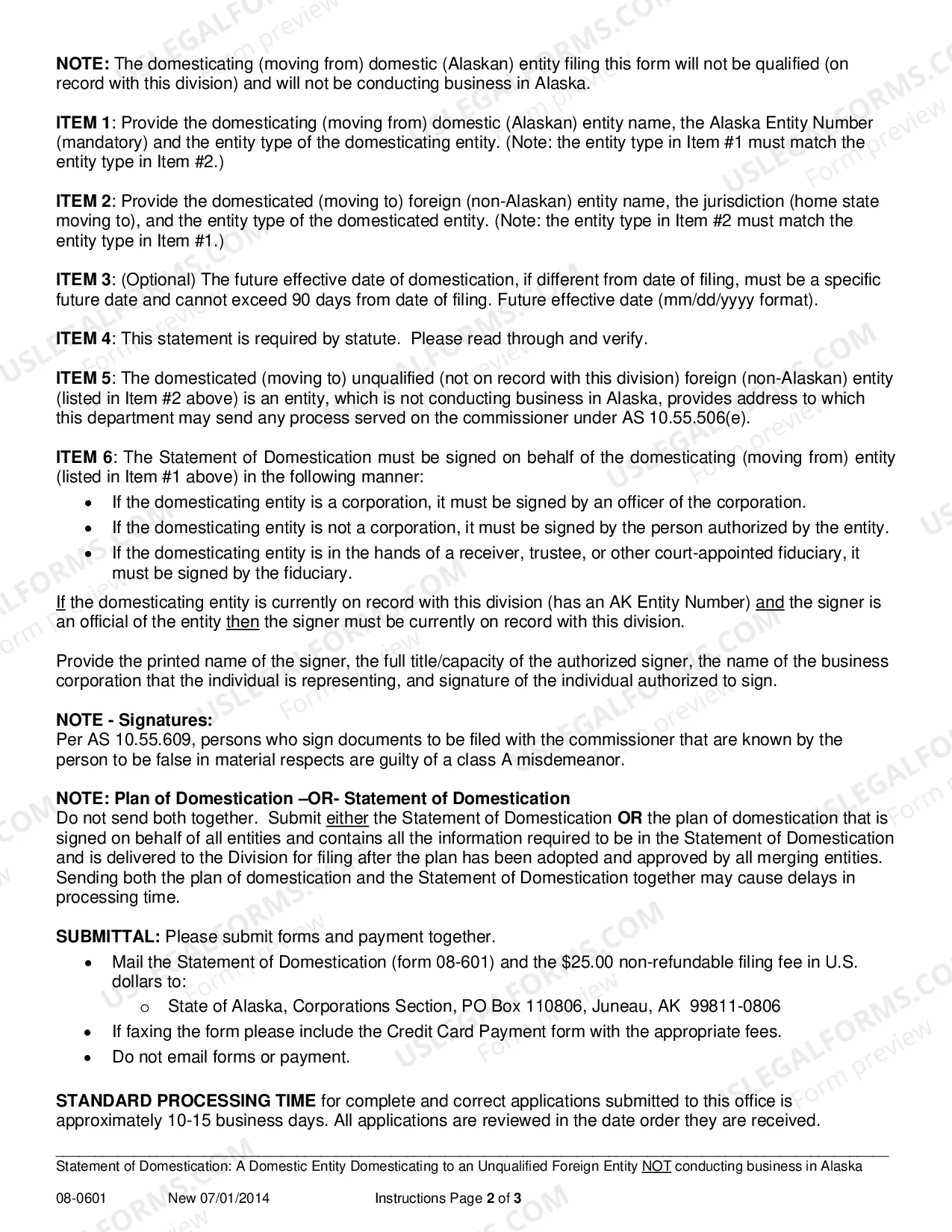 Preview Statement of Domestication for Domestic Entity Domesticating to Unqualified Entity not Conducting Business in AK