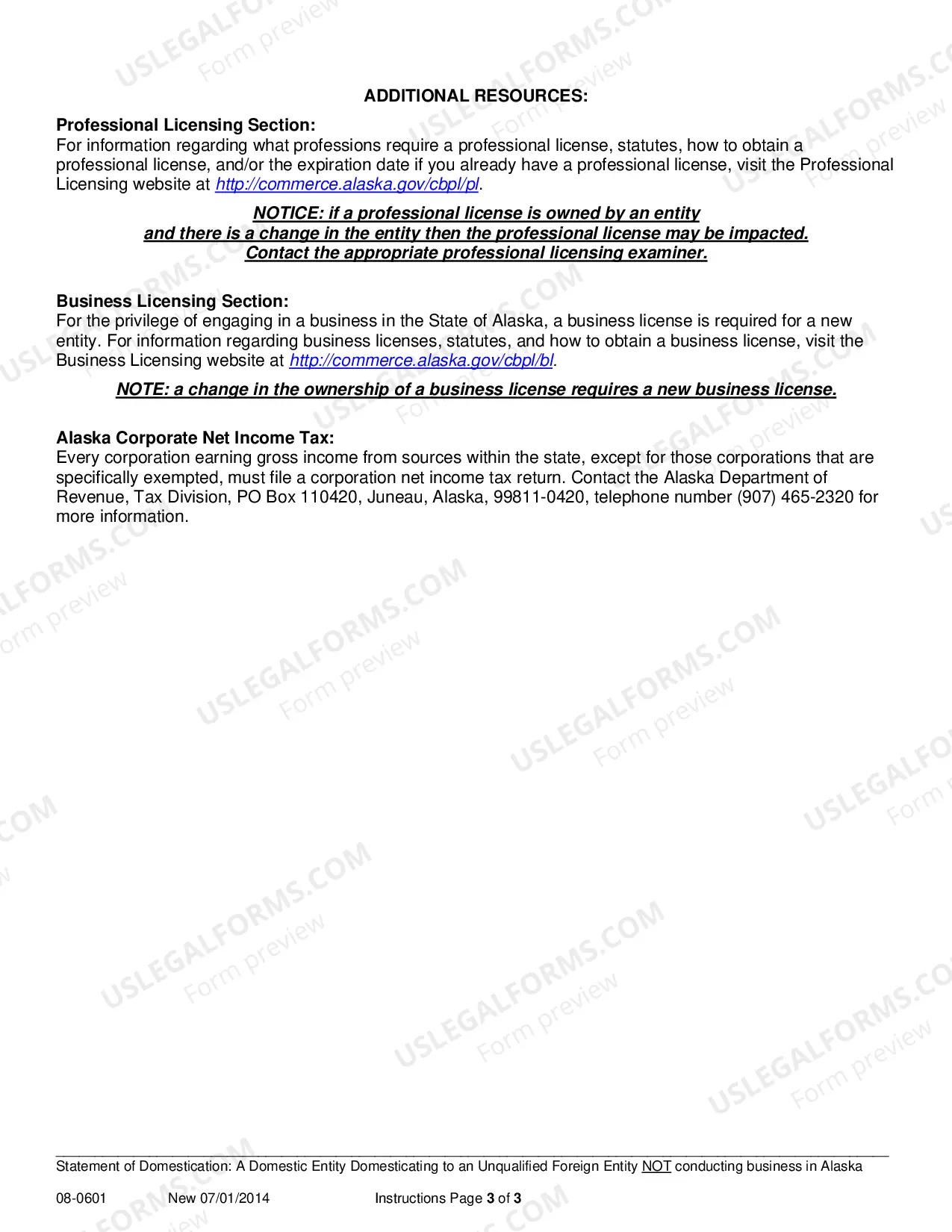 Preview Statement of Domestication for Domestic Entity Domesticating to Unqualified Entity not Conducting Business in AK