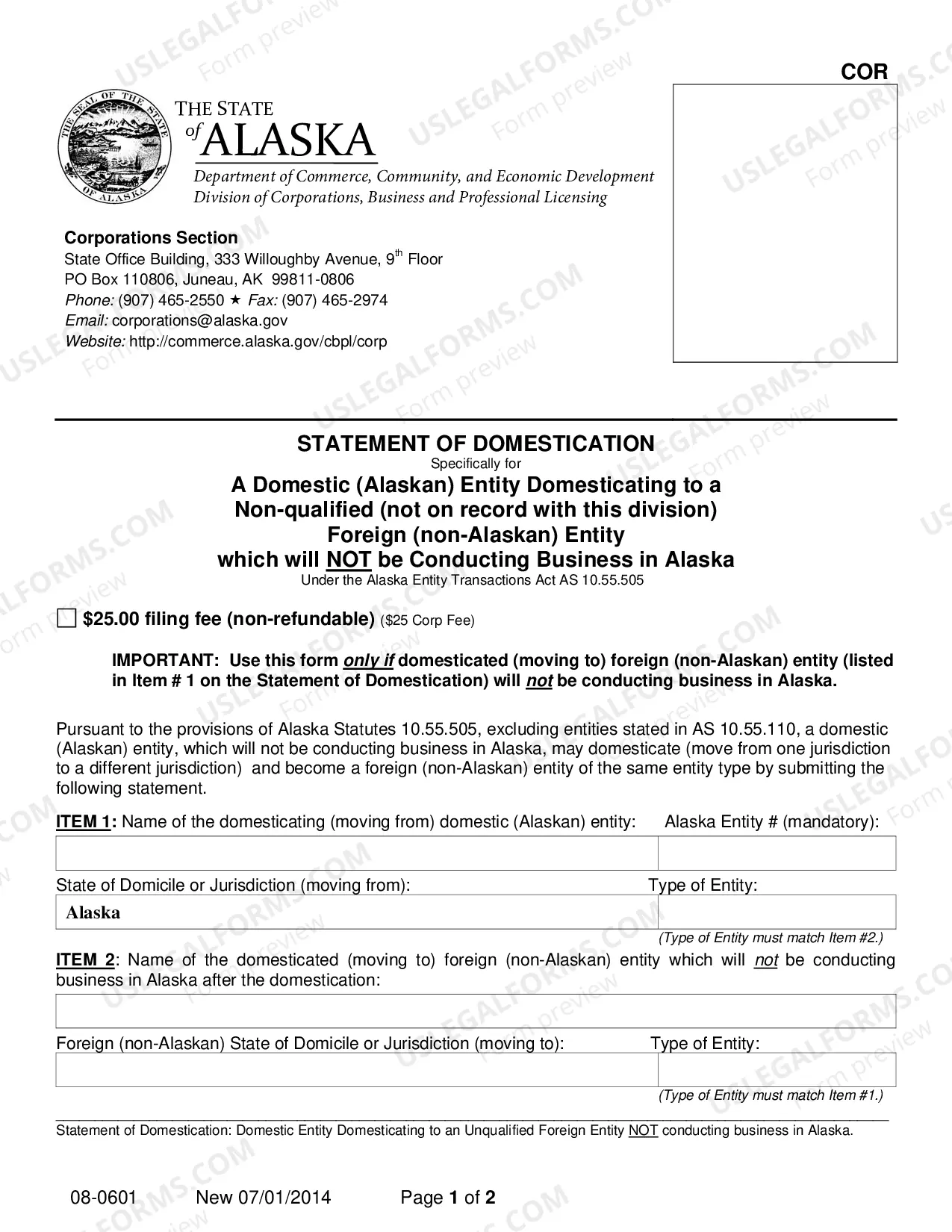 Preview Statement of Domestication for Domestic Entity Domesticating to Unqualified Entity not Conducting Business in AK