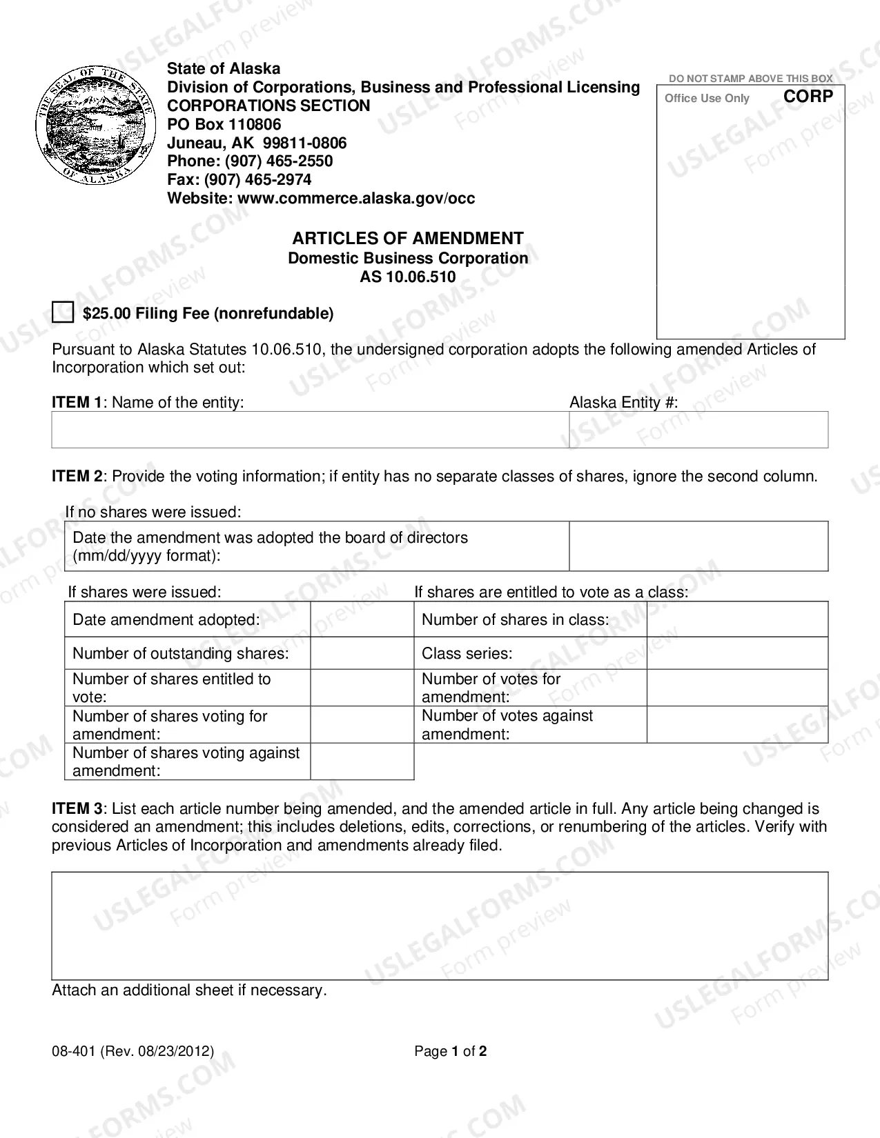 Preview Articles of Amendment for Domestic Business Corporation