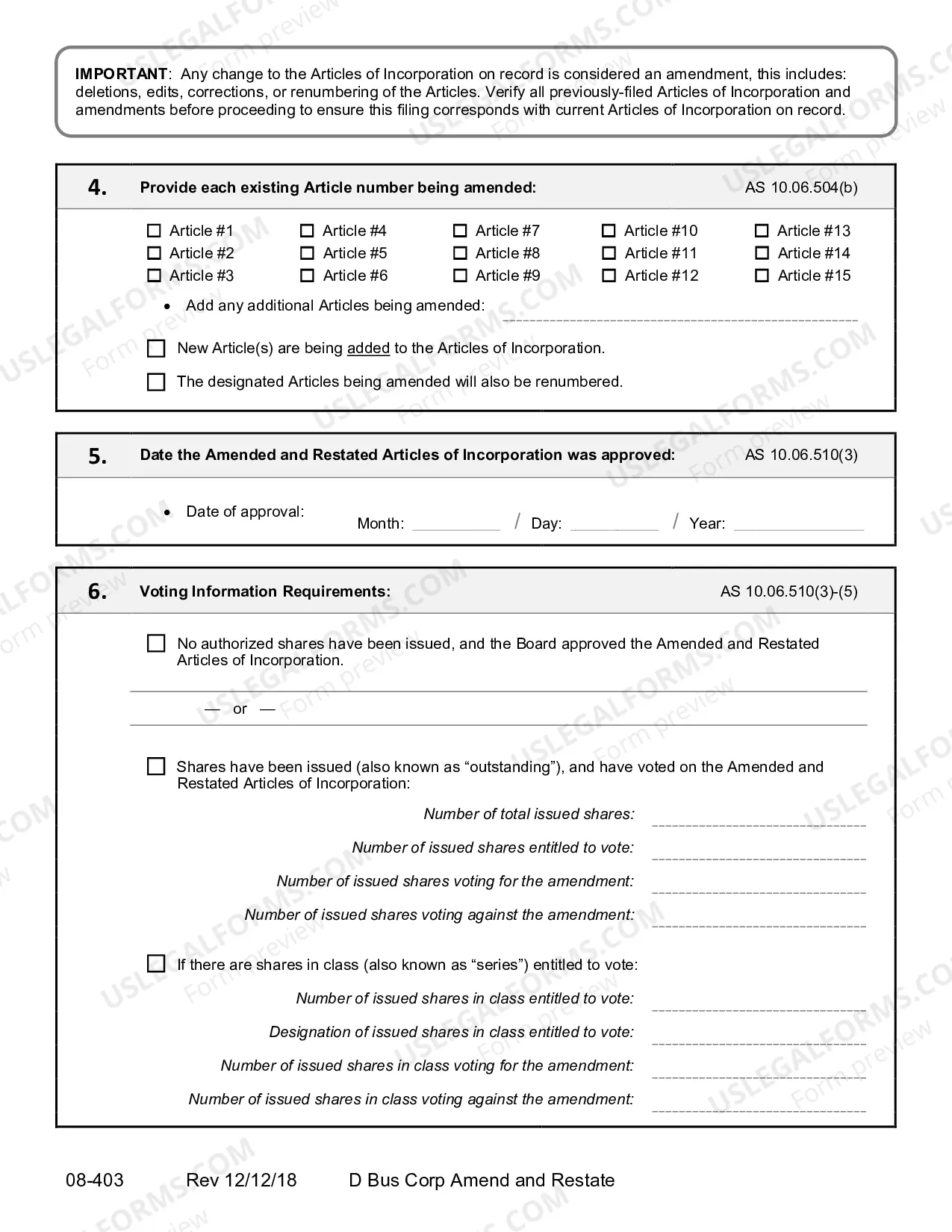 Preview Amended and Restated Articles of Incorporation for Domestic Business Corporation
