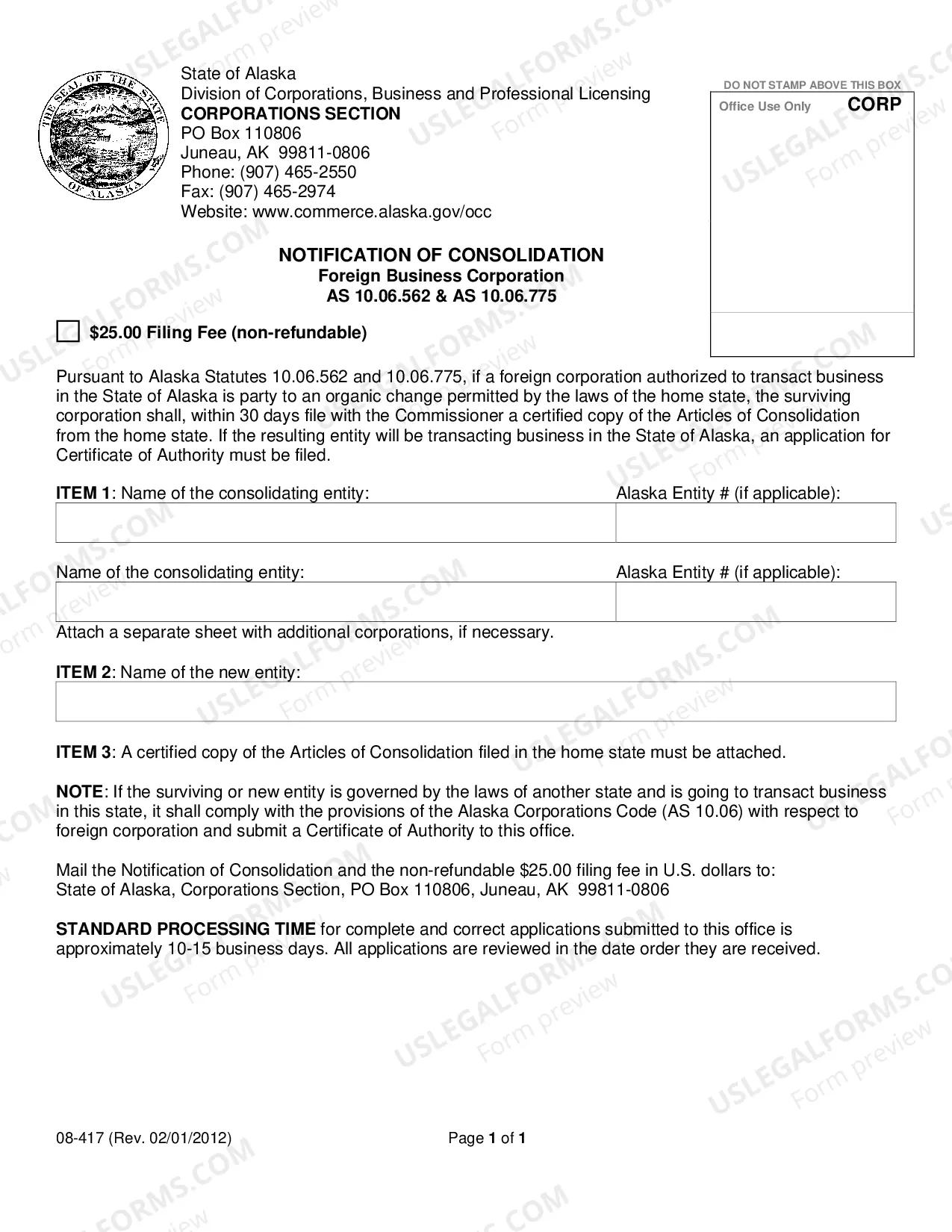 Preview Notification of Consolidation for Foreign Business Corporation