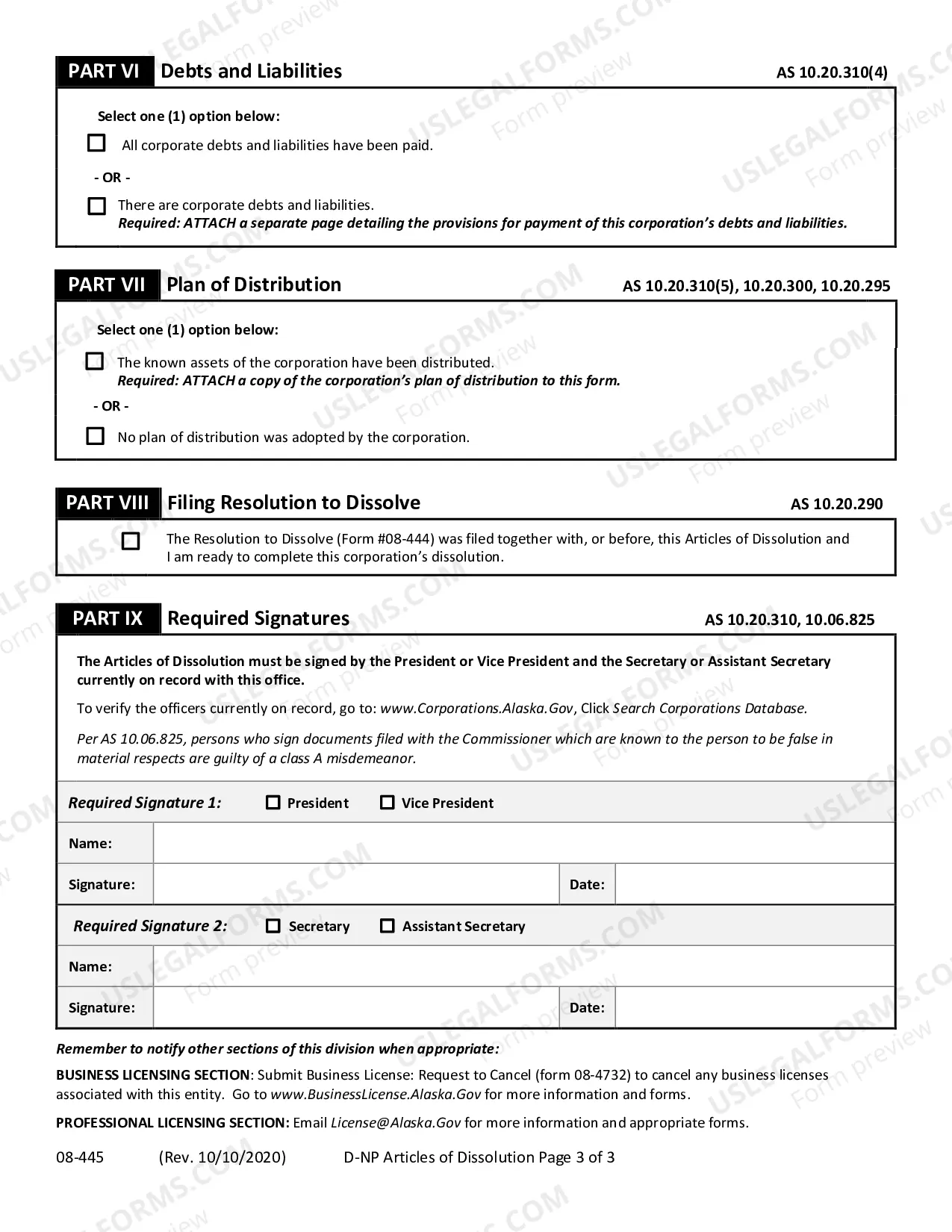 Preview Articles of Dissolution for Domestic Nonprofit Corporation