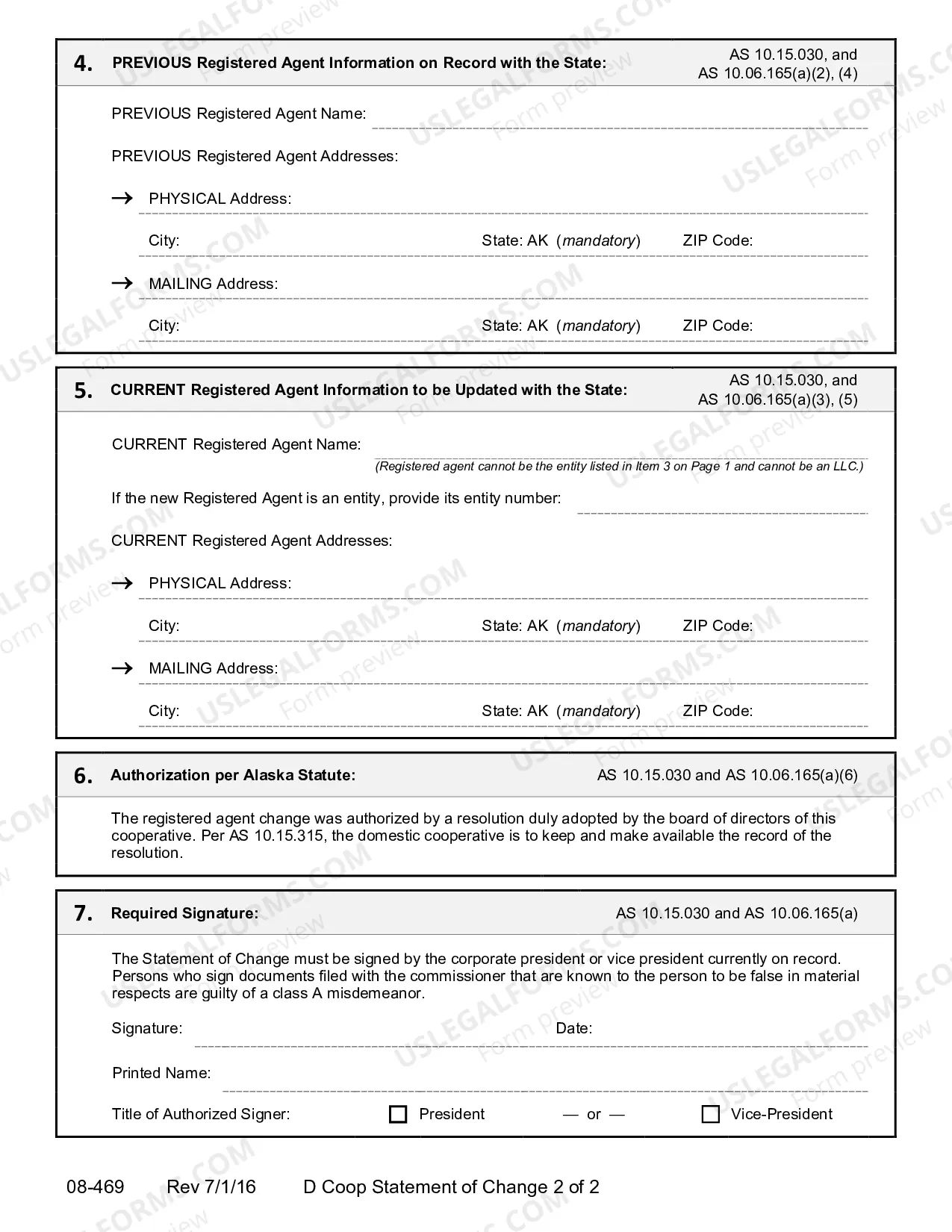 Preview Statement of Registered Agent Change for Domestic Cooperative