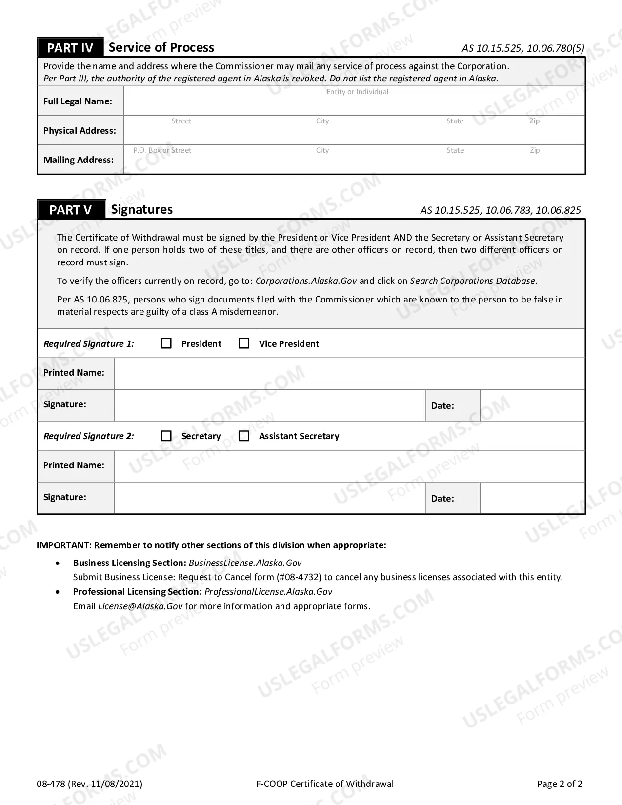 Preview Certificate of Withdrawal for Foreign Cooperative Corporation