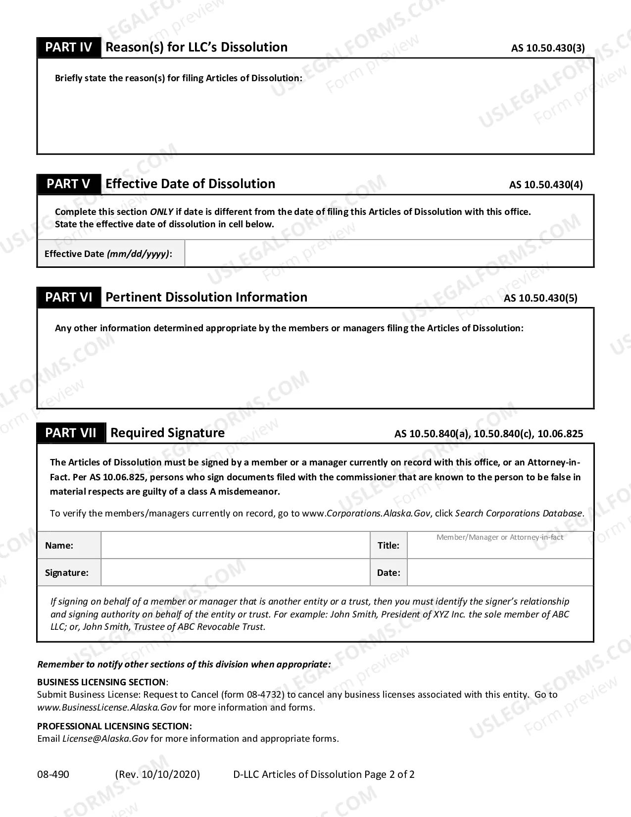 Preview Articles of Dissolution for Domestic Limited Liability Company