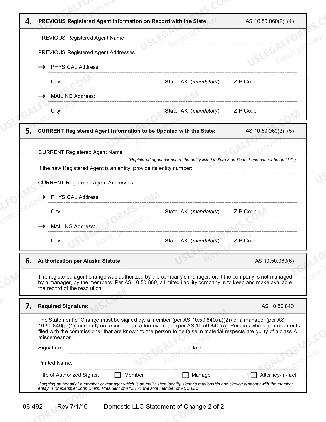 Preview Statement of Registered Agent Change for Domestic Limited Liability Company