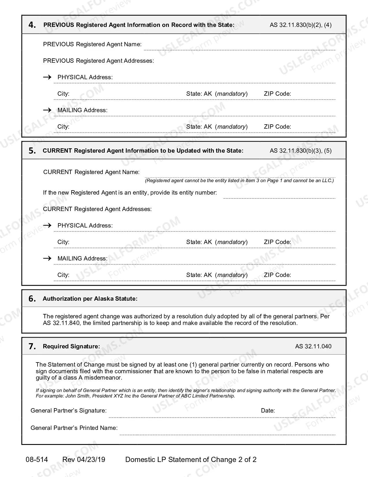 Preview Statement of Registered Agent Change for Domestic Limited Partnership