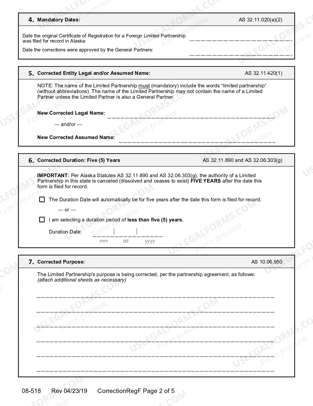 Preview Correction of Statement to Registration for Foreign Limited Partnership