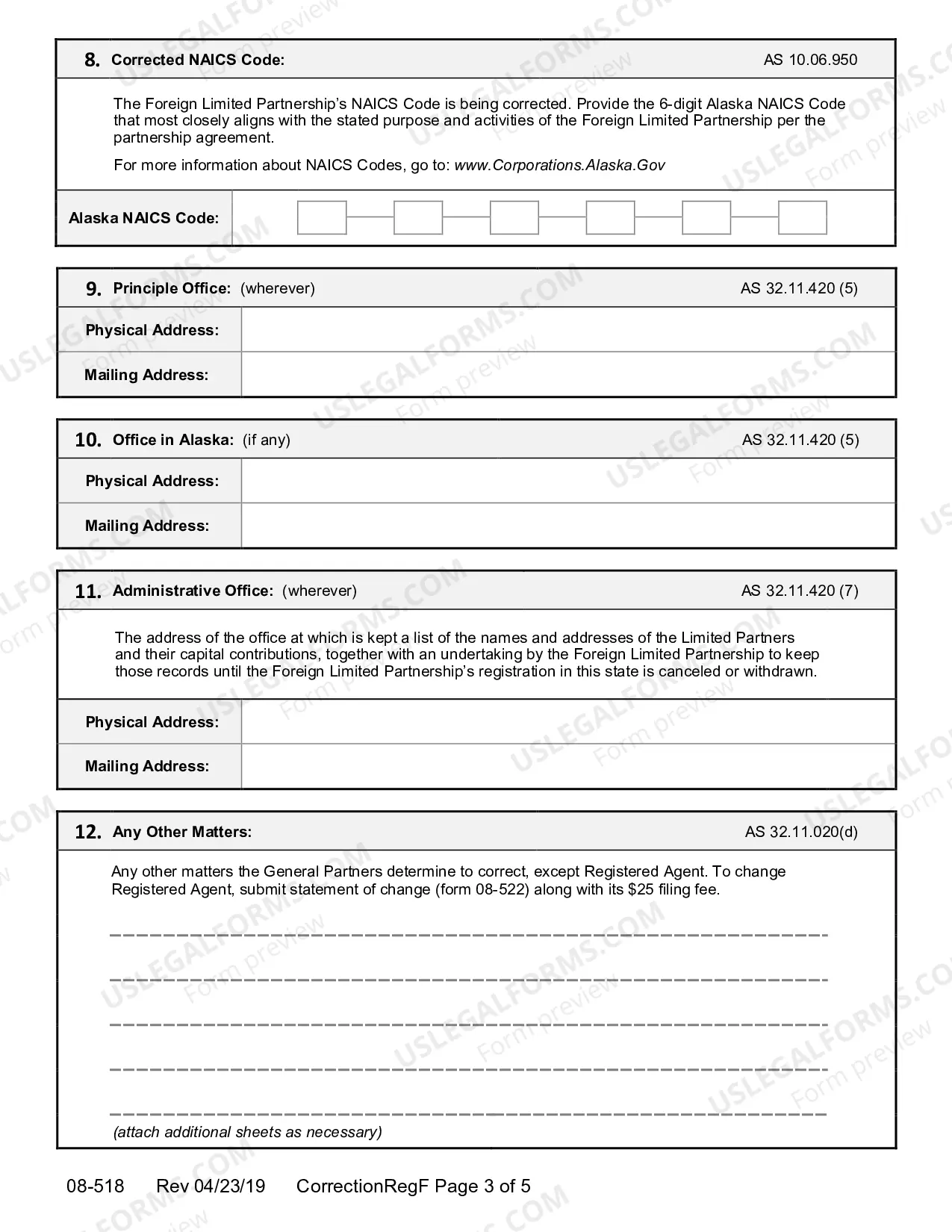Preview Correction of Statement to Registration for Foreign Limited Partnership