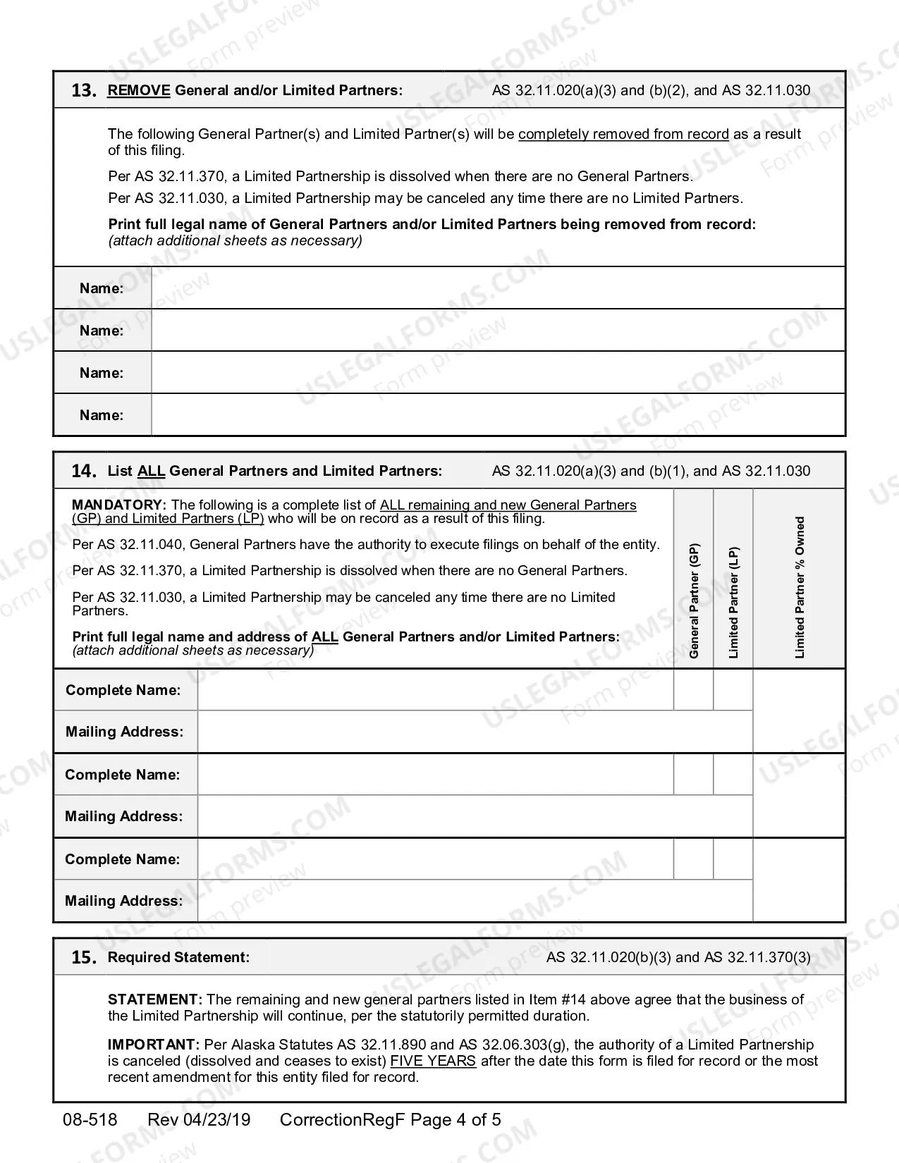 Preview Correction of Statement to Registration for Foreign Limited Partnership