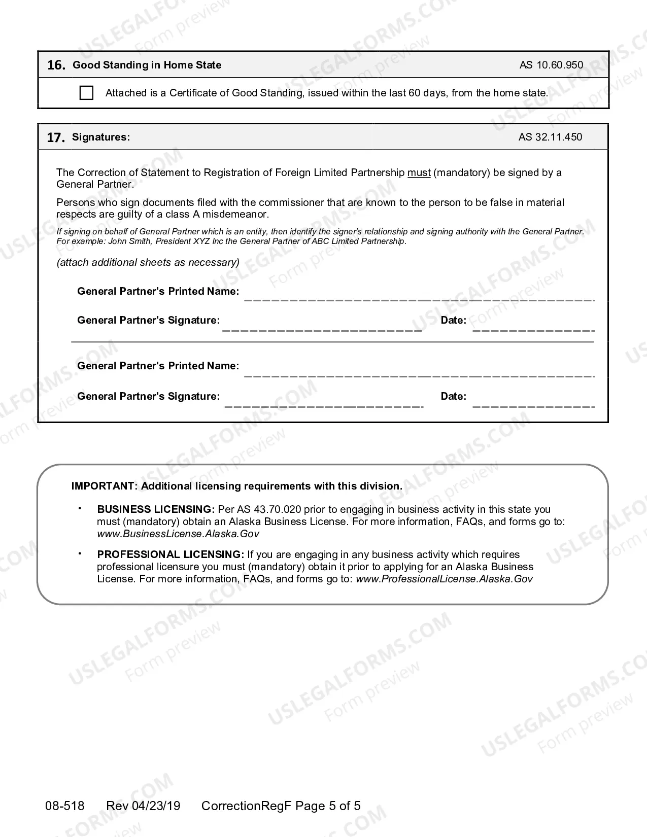 Preview Correction of Statement to Registration for Foreign Limited Partnership