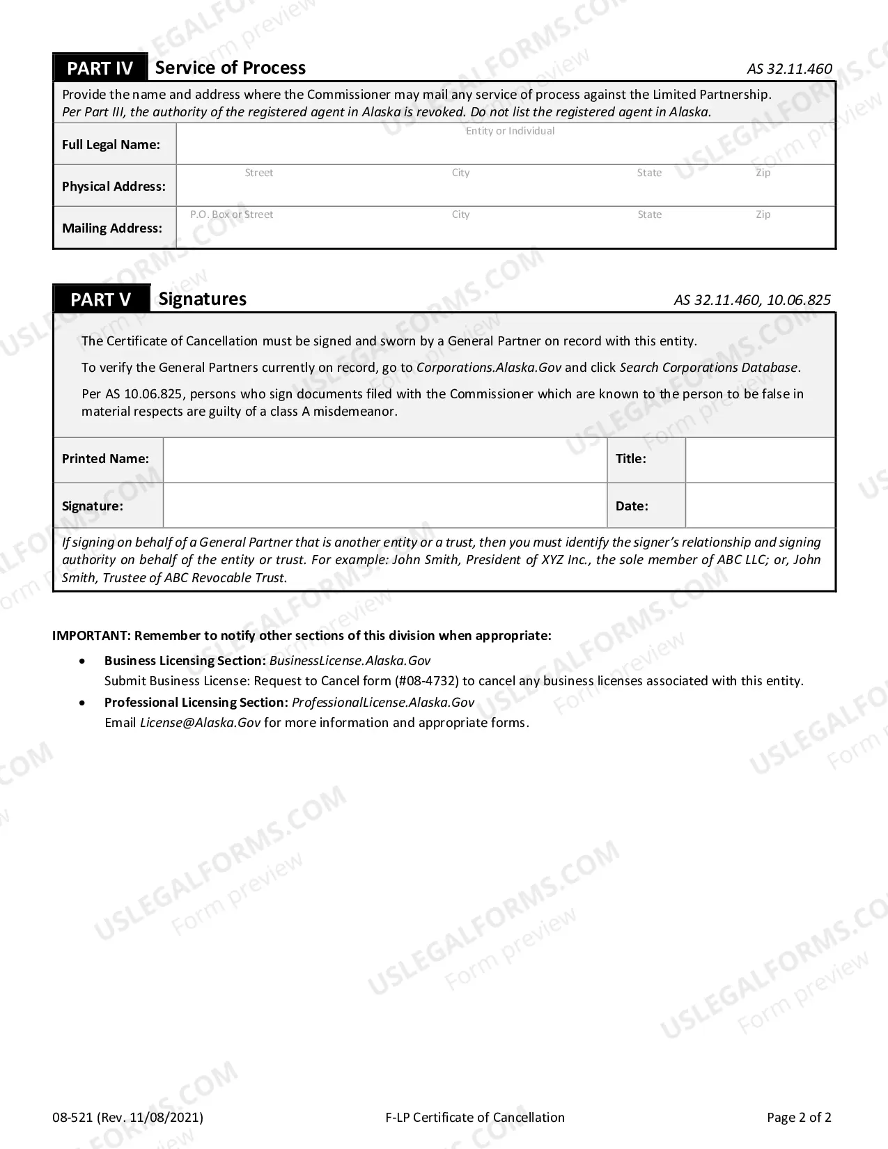 Preview Certificate of Cancellation for Foreign Limited Partnership