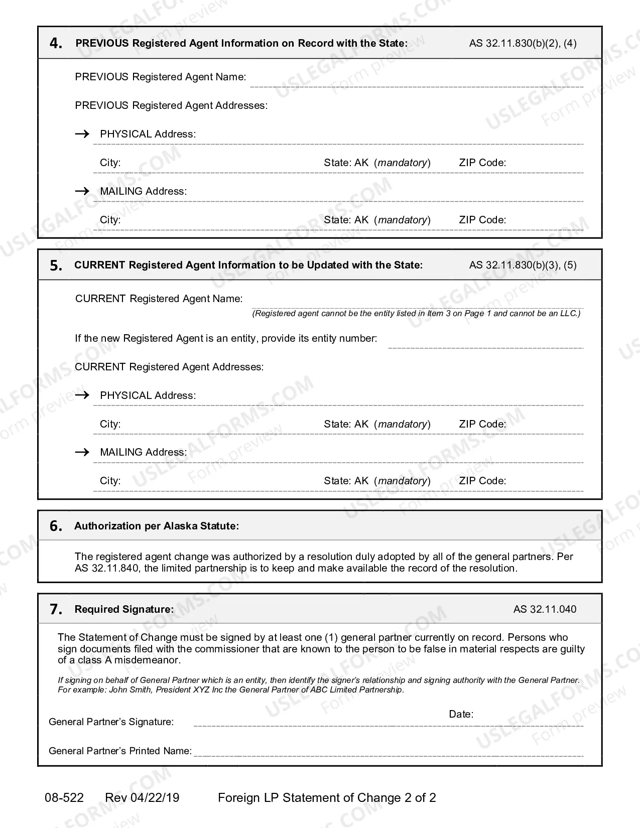 Preview Statement of Registered Agent Change for Foreign Limited Partnership