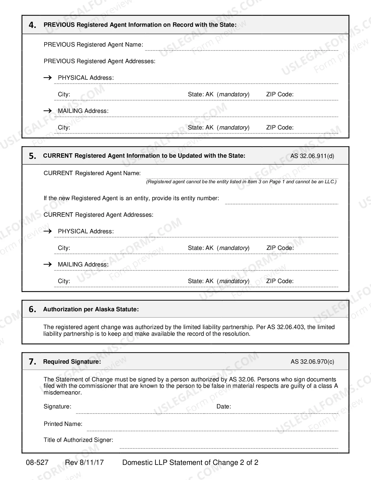 Preview Statement of Registered Agent Change for Domestic Limited Liability Partnership
