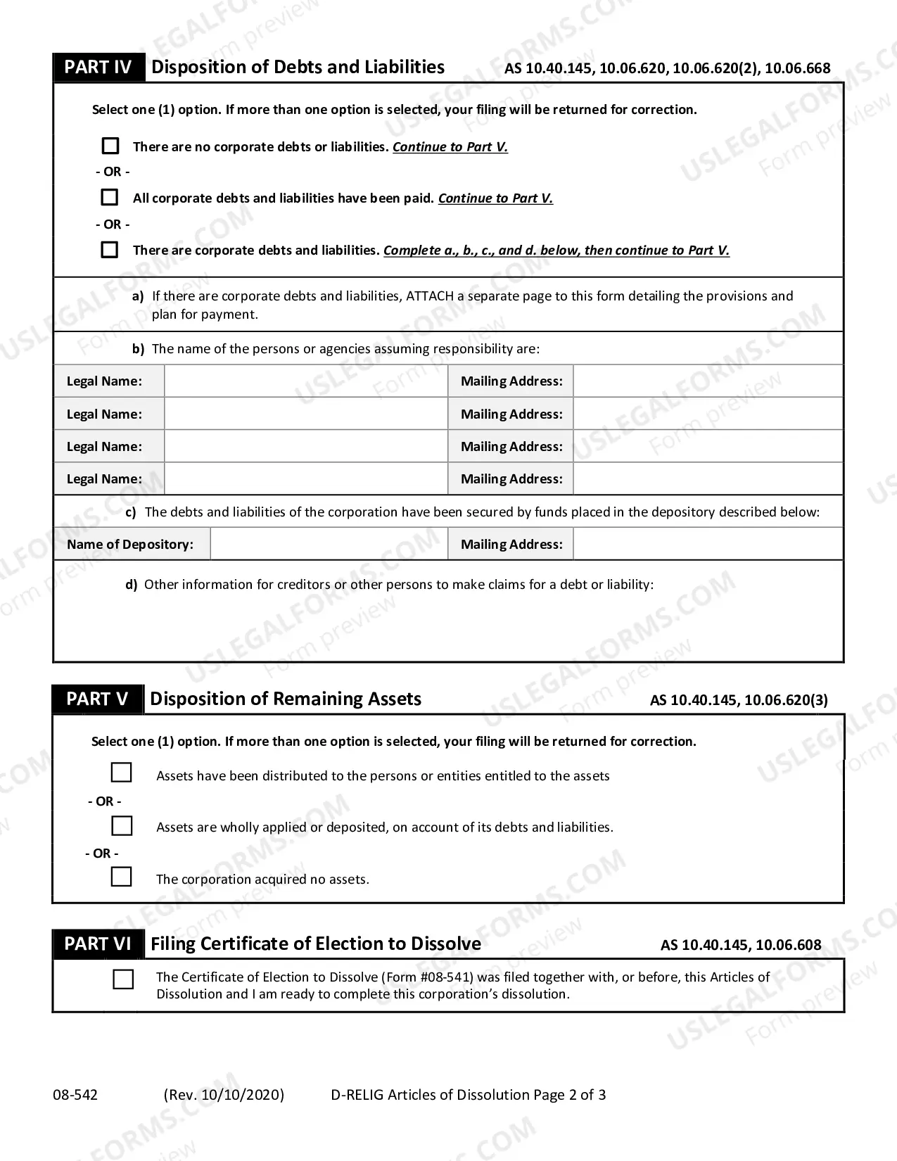 Preview Articles of Dissolution for Domestic Religious Corporation