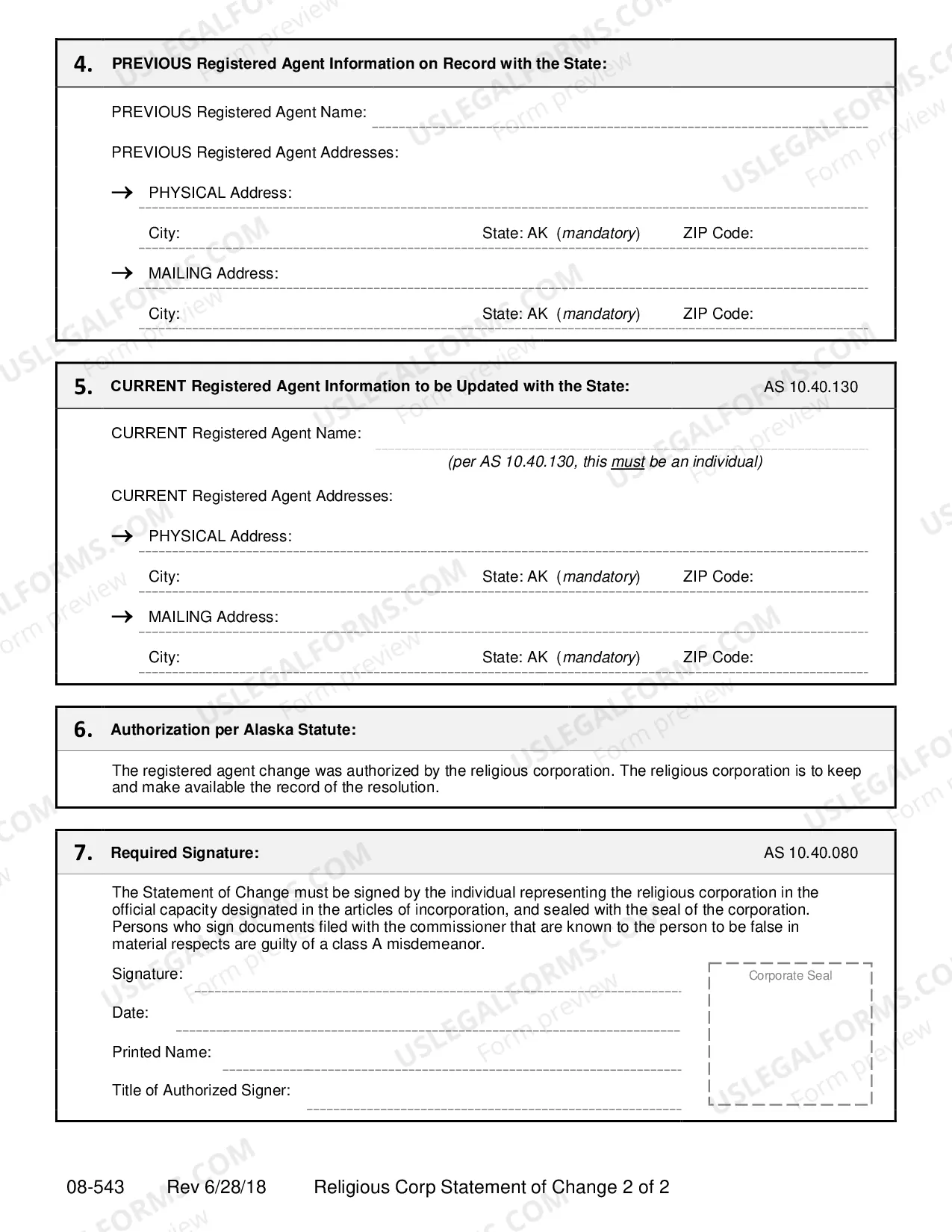 Preview Statement of Registered Agent Change for Domestic Religious Corporation