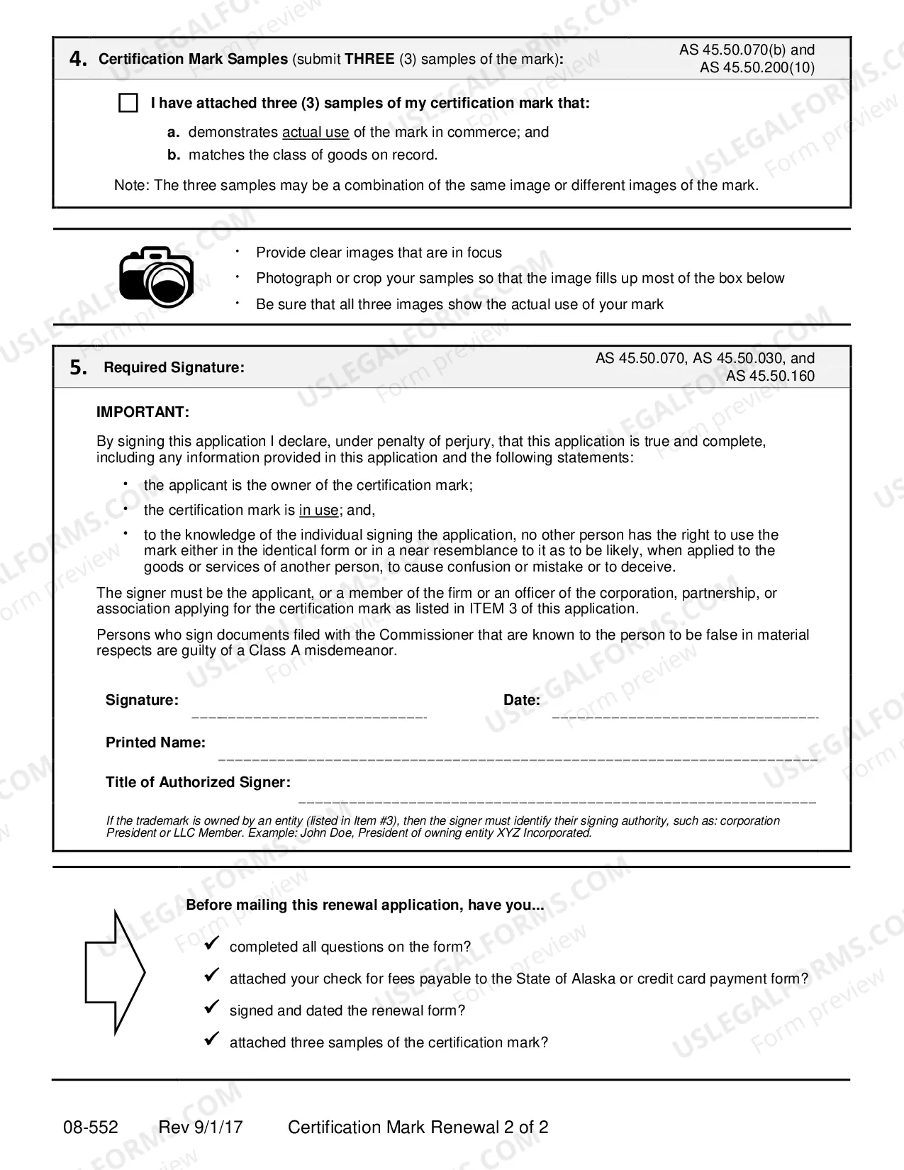 Preview Renewal Application Only for Certification of Mark Renewal