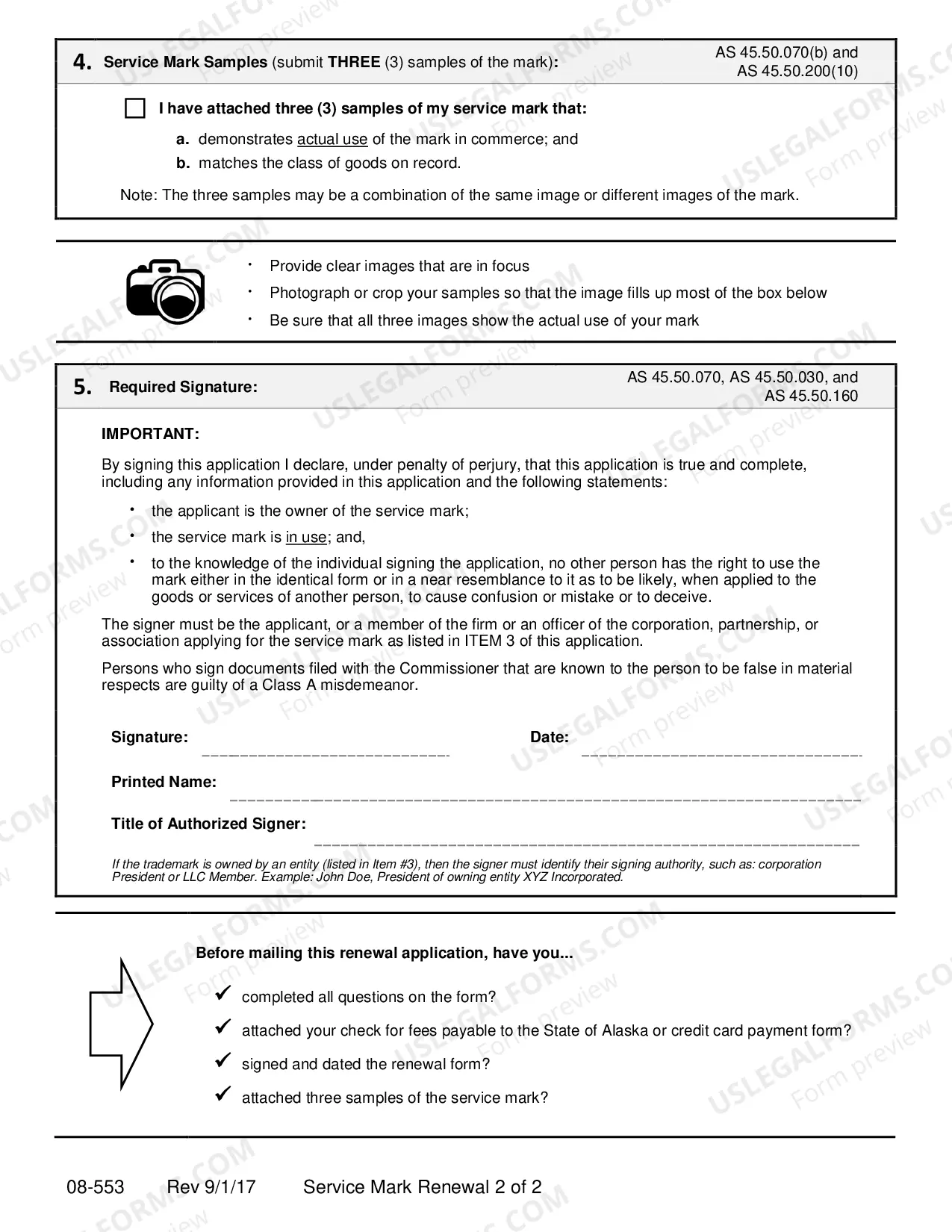 Preview Renewal Application Only for Service Mark- Five Years