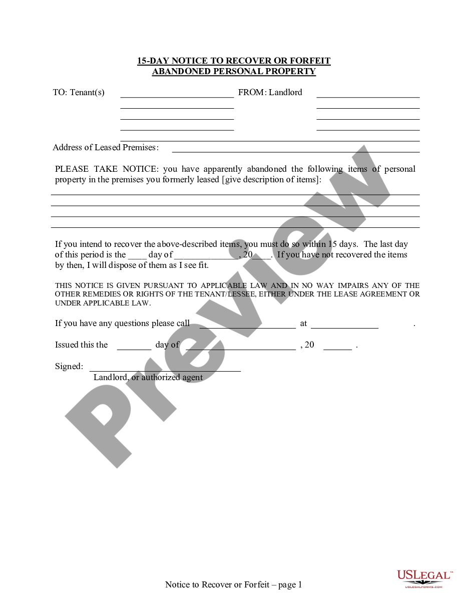 page 0 15 Day Notice to Recover or Forfeit Abandoned Personal Property for Residential from Landlord to Tenant preview