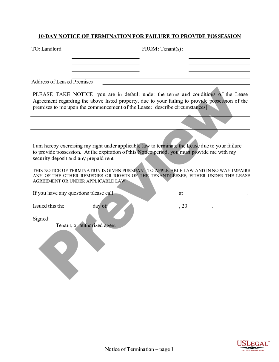 page 0 10 Day Notice to Landlord of Termination for Failure to Provide Possession for Residential from Tenant to Landlord preview