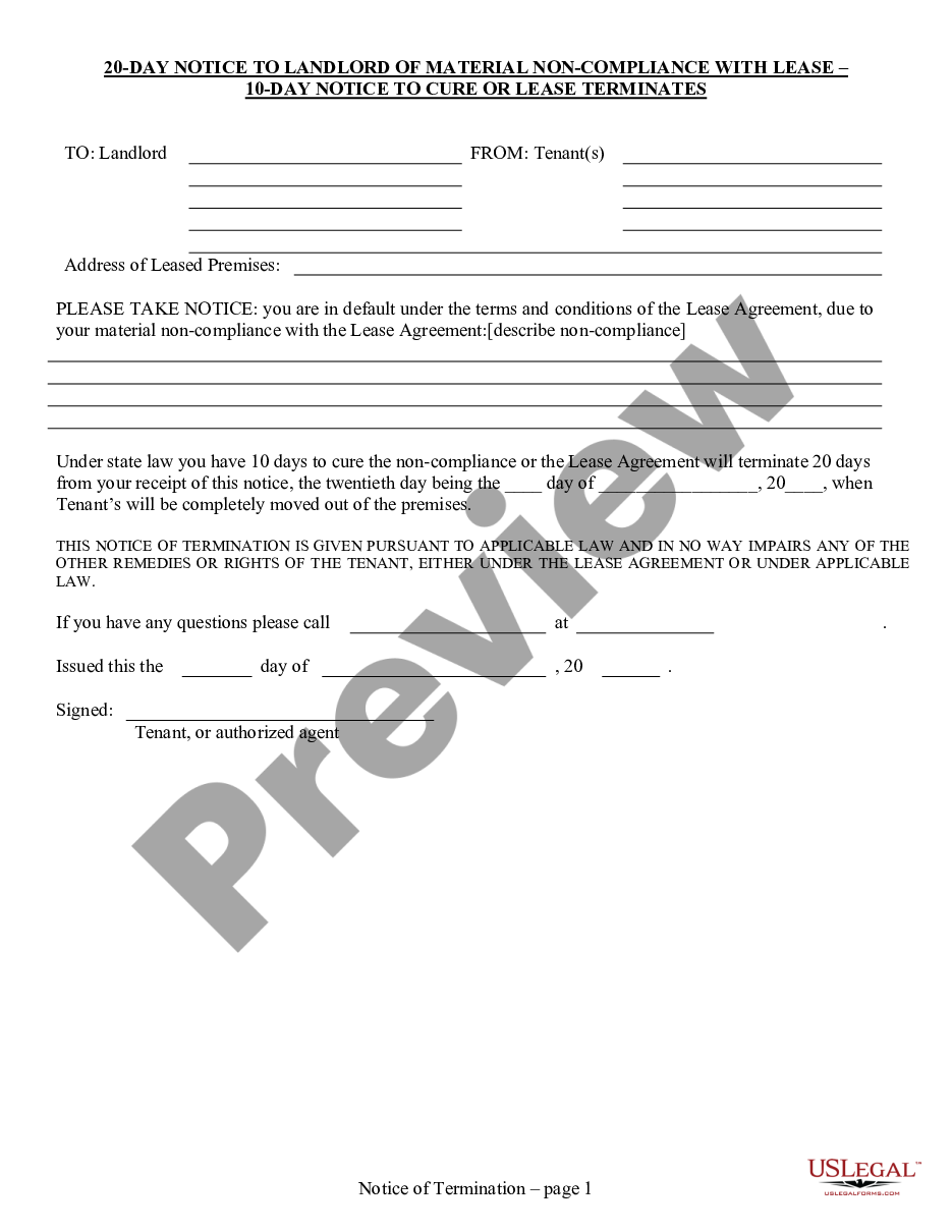 page 0 20 Day Notice of Material Noncompliance with Lease - 10 Days to Cure - Residential - Tenant to Landlord preview