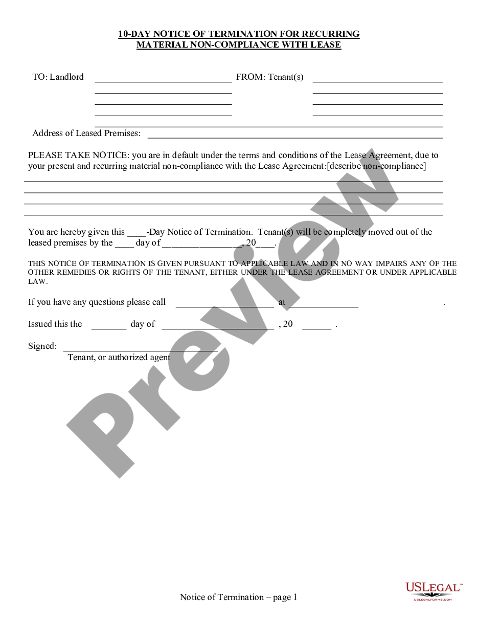 page 0 10 Day Notice to Landlord of Termination for Recurring Material Noncompliance for Residential from Tenant to Landlord preview