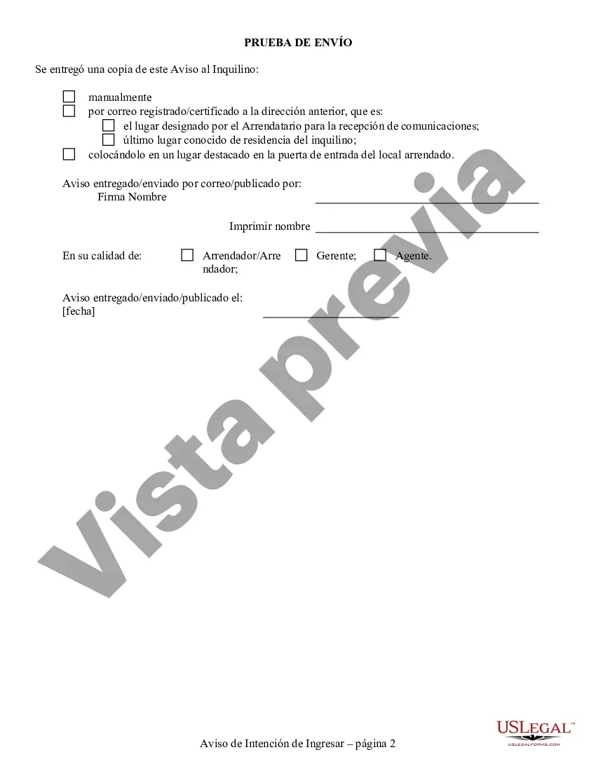 Preview Aviso de 24 horas sobre la intención del arrendador de ingresar a las instalaciones residenciales del arrendador al arrendatario