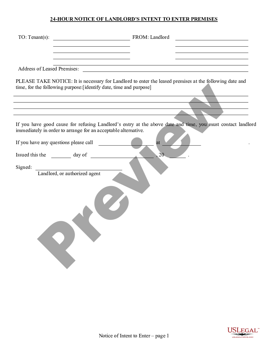 page 0 24 Hour Notice of Landlord's Intent to Enter Premises for Residential from Landlord to Tenant preview