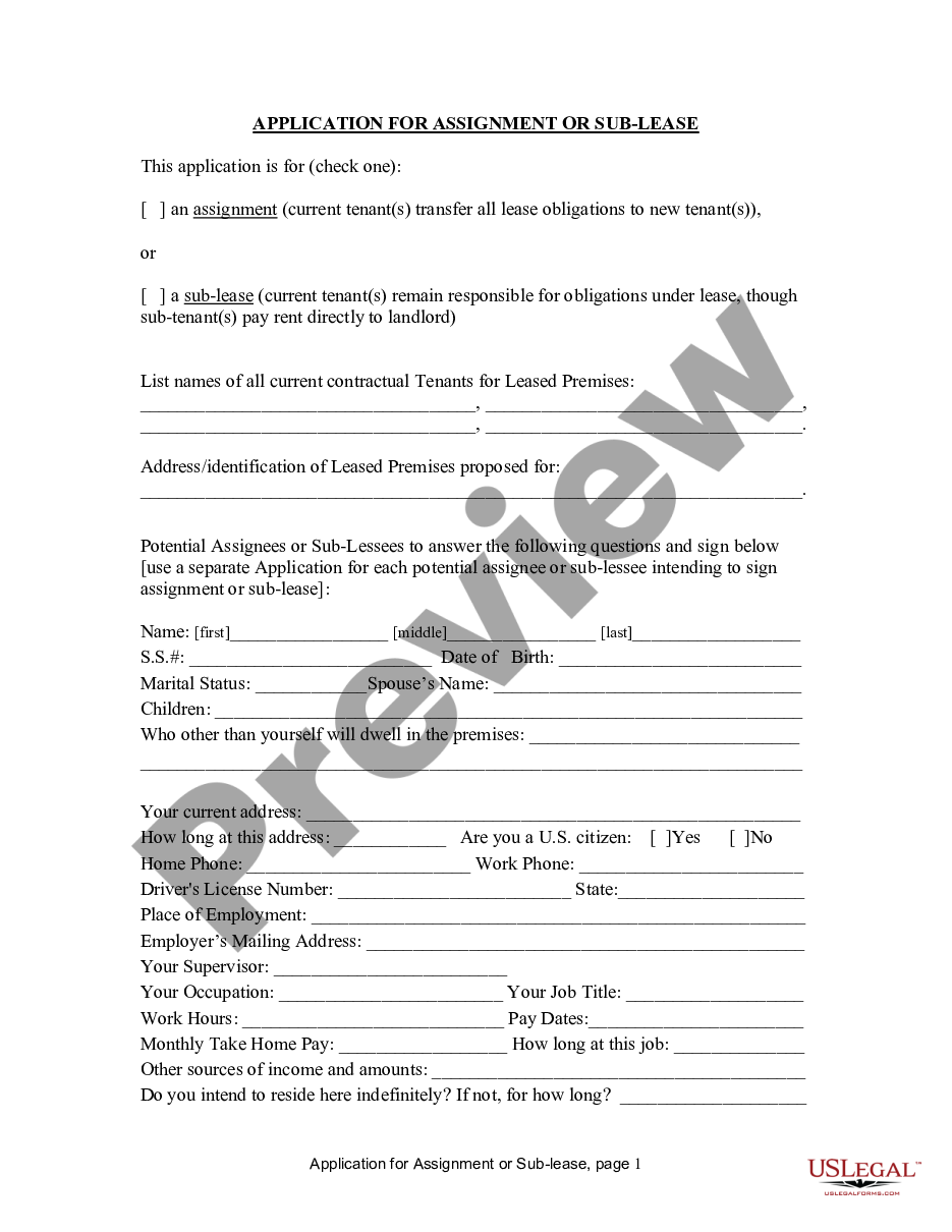 page 0 Application for Assignment or SubLease for Residential property from Tenant to Landlord preview