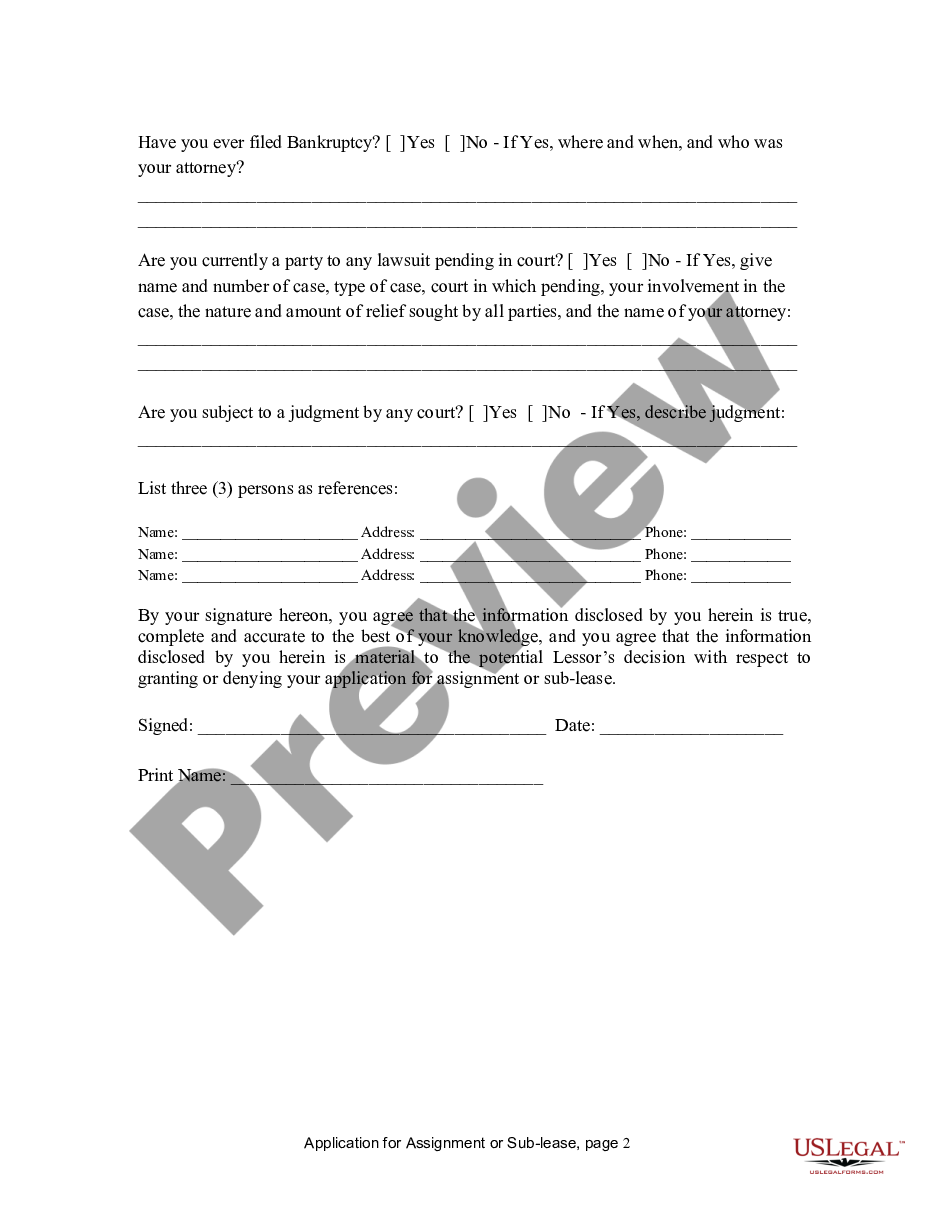 page 1 Application for Assignment or SubLease for Residential property from Tenant to Landlord preview