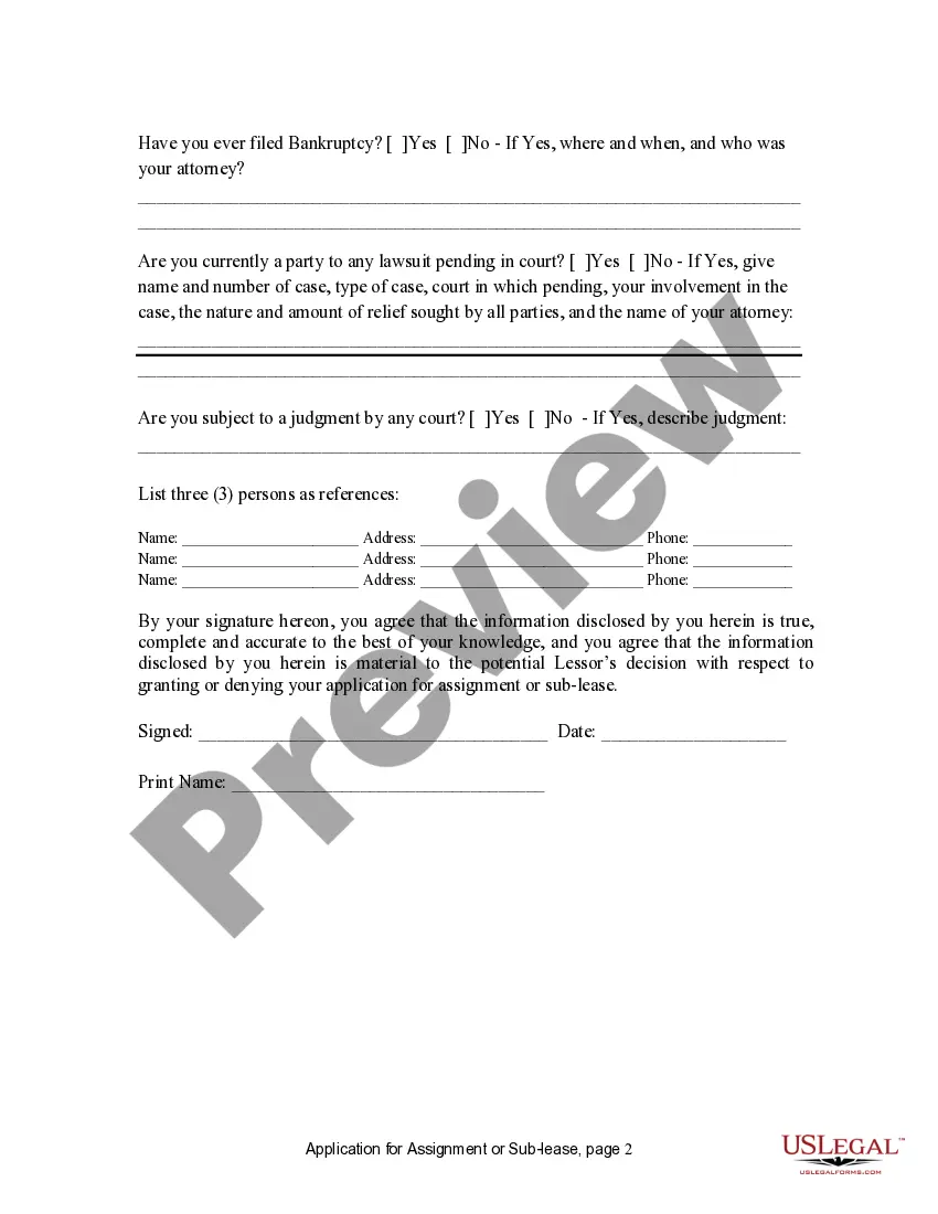 Preview Application for Assignment or SubLease for Residential property from Tenant to Landlord