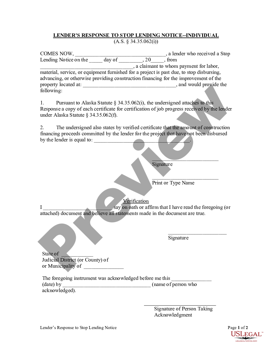 page 0 Lender's Response to Stop-Lending Notice - Individual preview