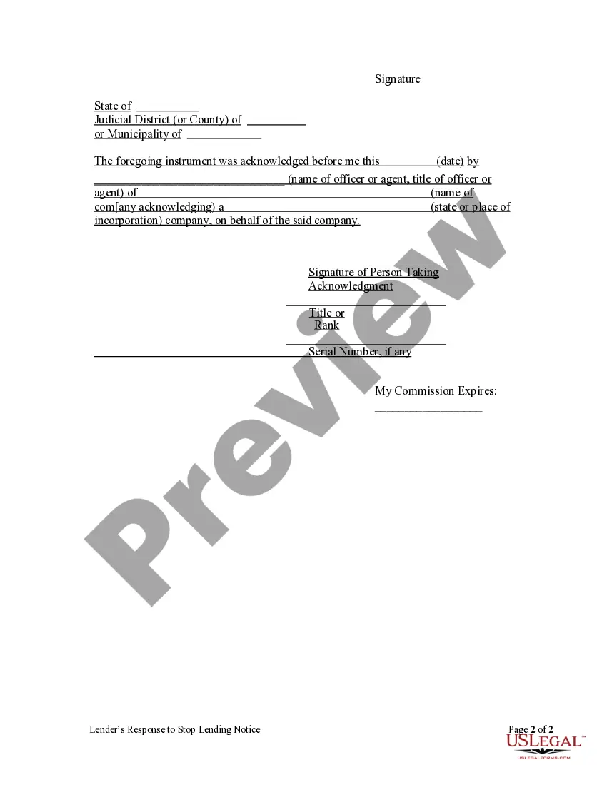 Preview Lender's Response to Stop-Lending Notice - Corporation